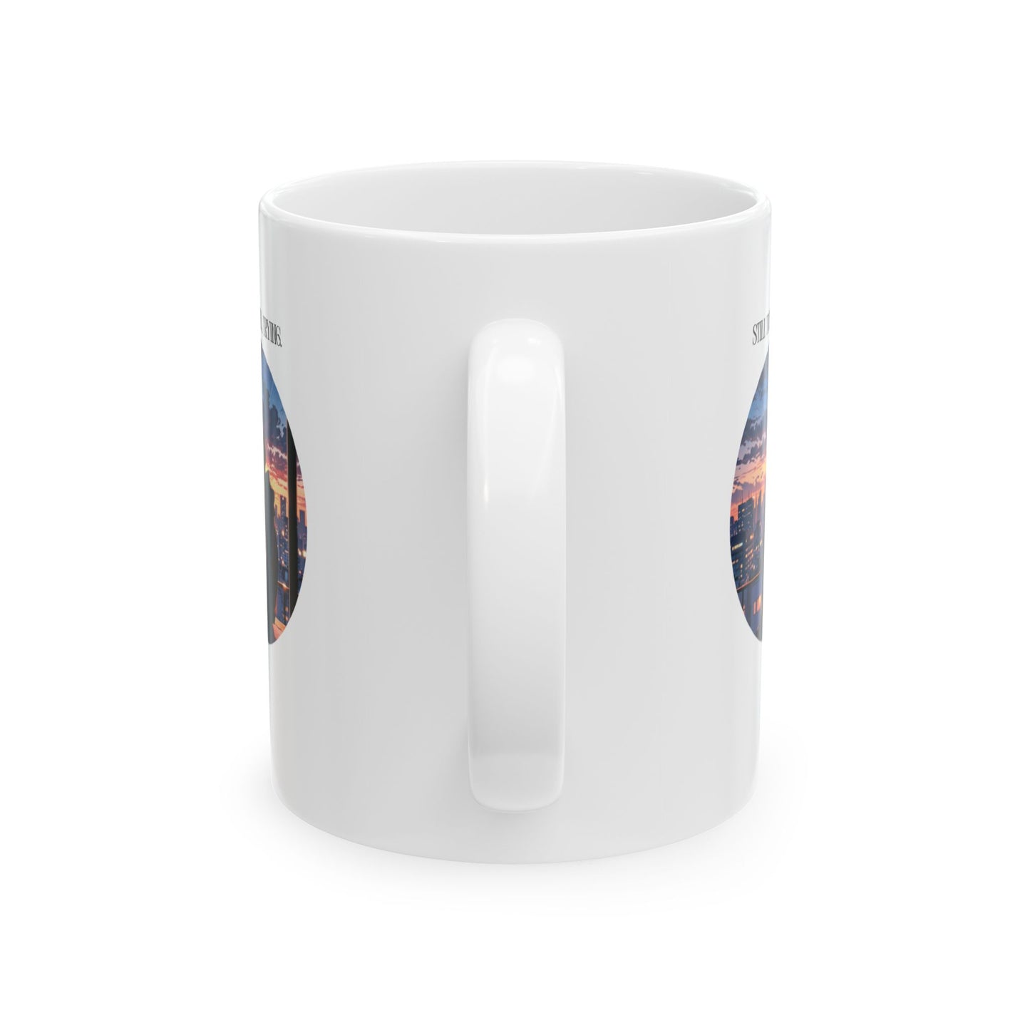 Mug - 'Still tired Still trying' Sleepy Anime Boy at Dawn City Skyline Design