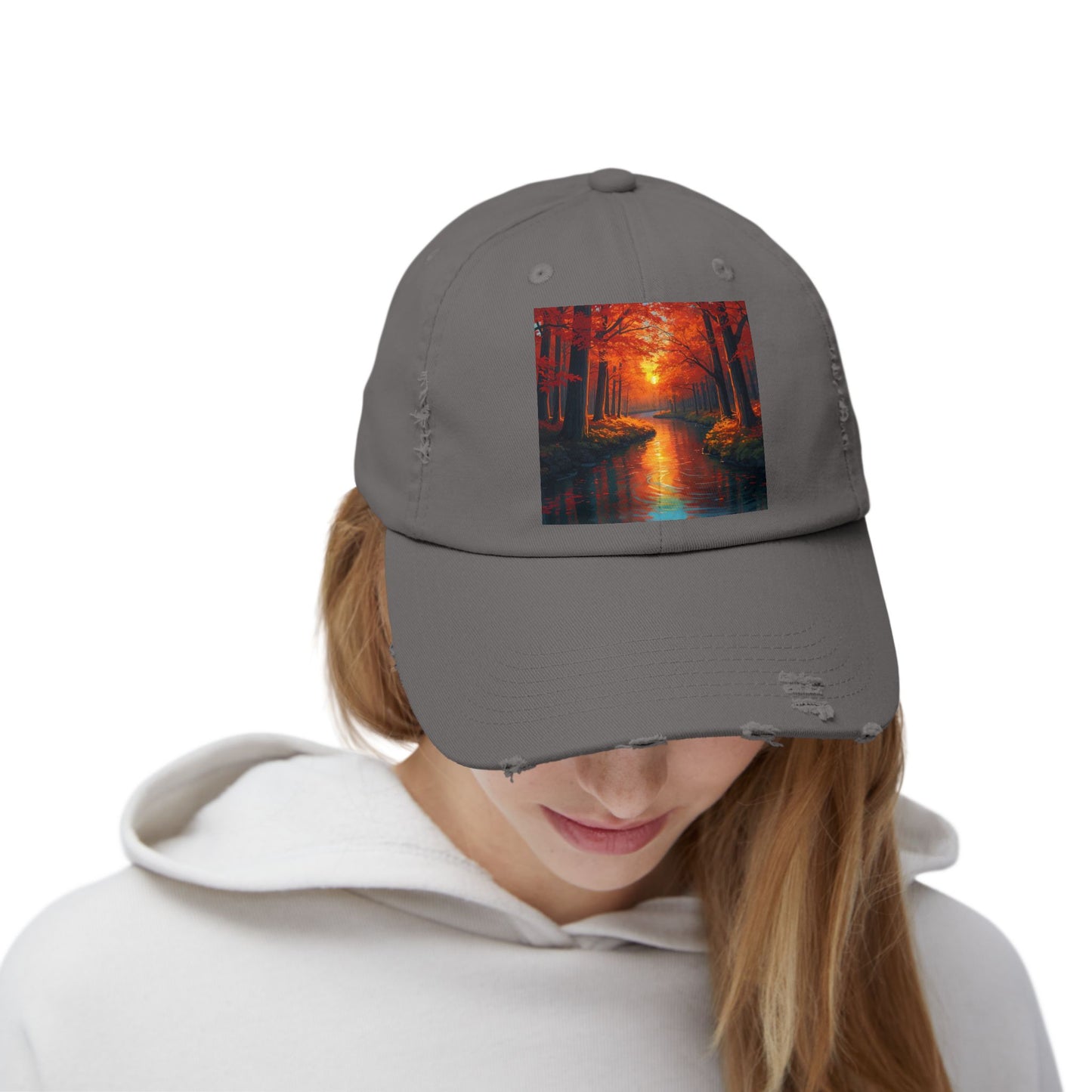 Unisex Distressed Cap with Serene Autumn Scene