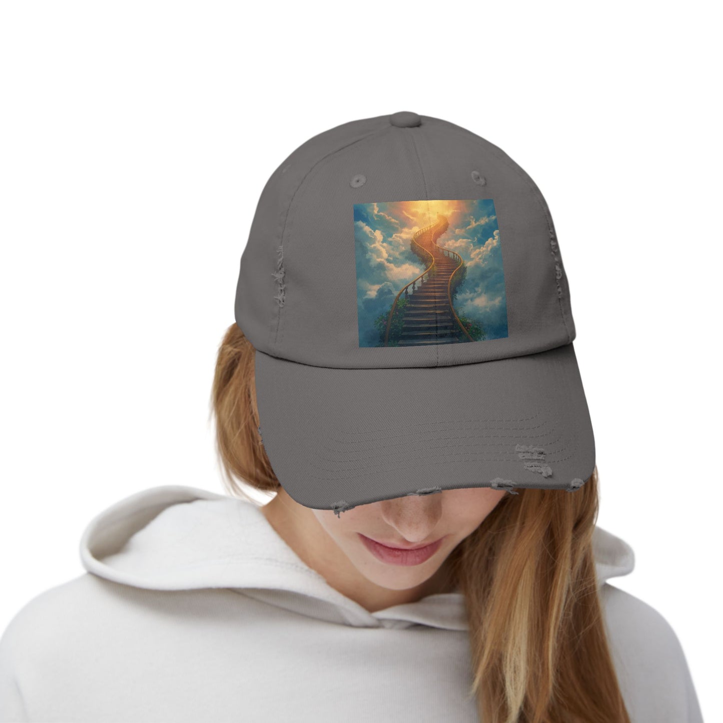 Unisex Distressed Cap with Inspirational Stairs Design