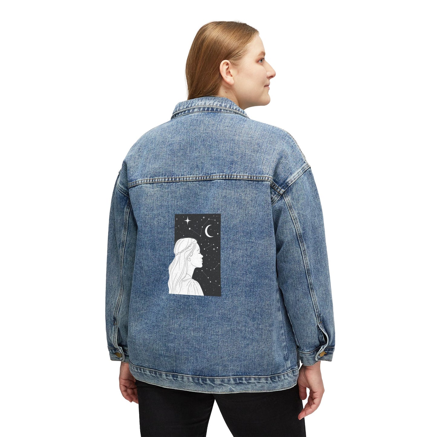 Celestial Dreamer Denim Jacket - Aesthetic Girl & Starry Night Back Print Jean Jacket