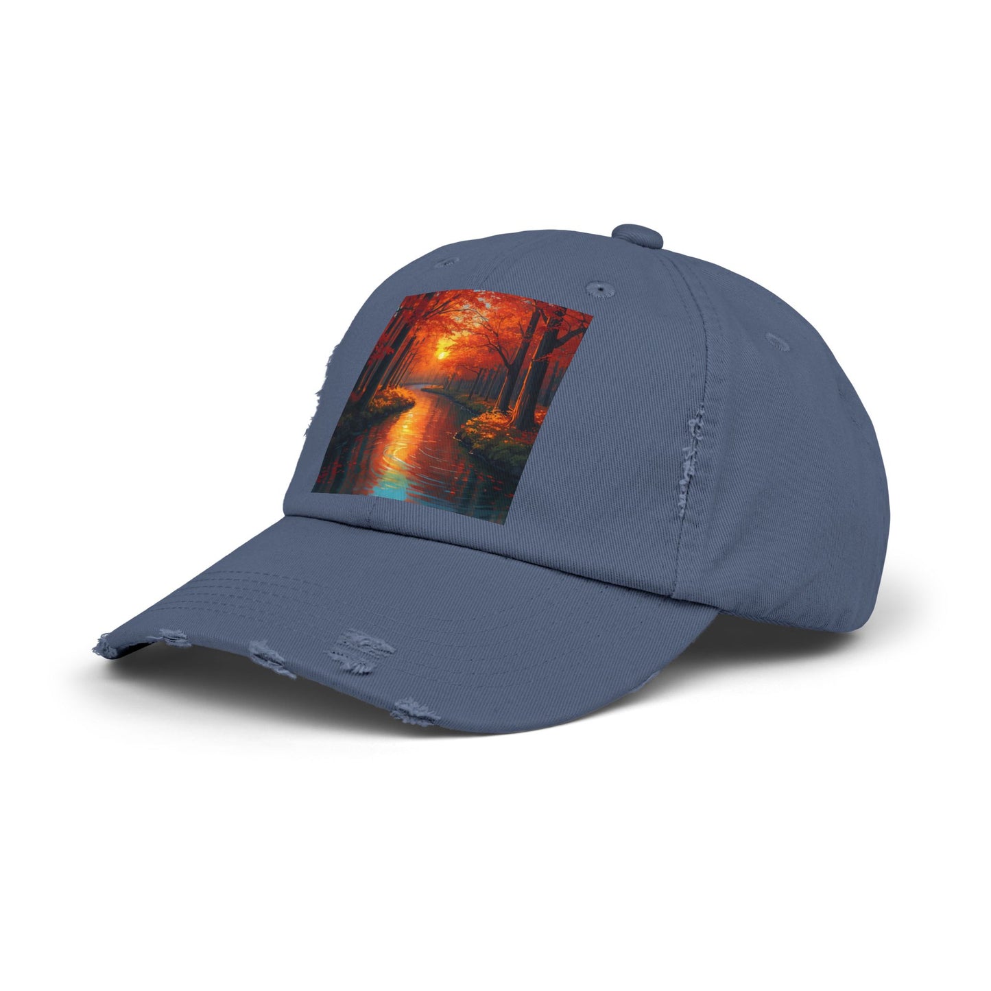 Unisex Distressed Cap with Serene Autumn Scene