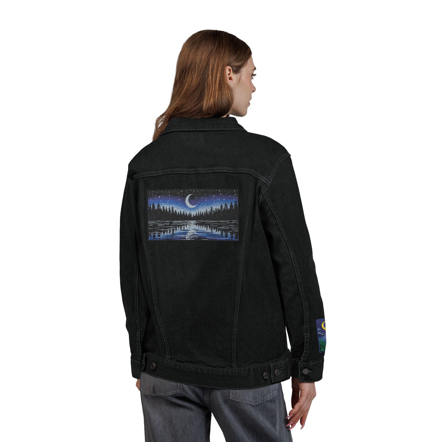 Night Lake Adventure E Denim Jacket - Mystical Moon & Forest Embroidered Patch Jean Jacket