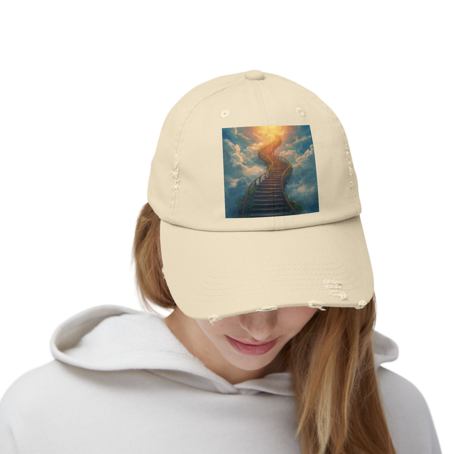 Unisex Distressed Cap with Inspirational Stairs Design