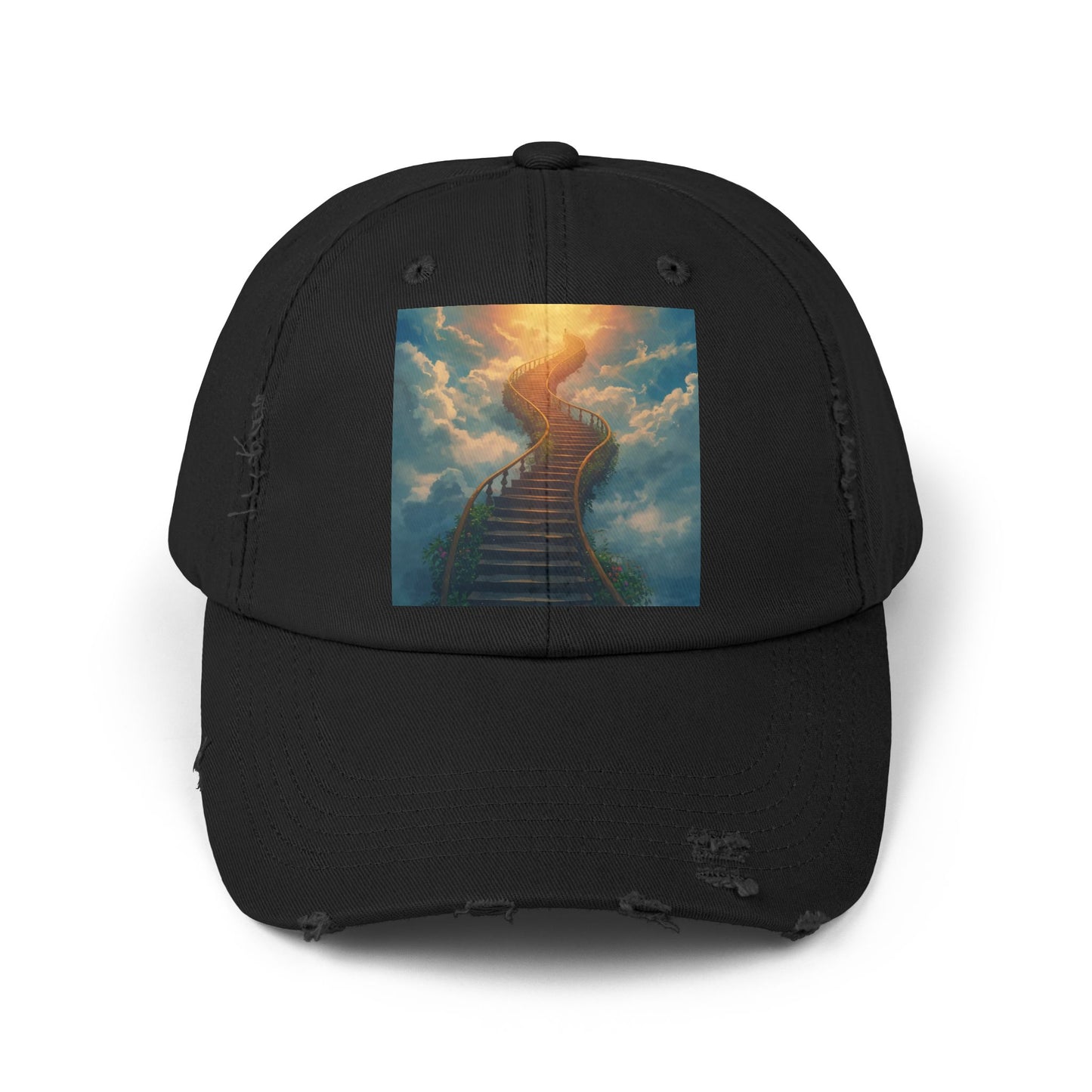 Unisex Distressed Cap with Inspirational Stairs Design
