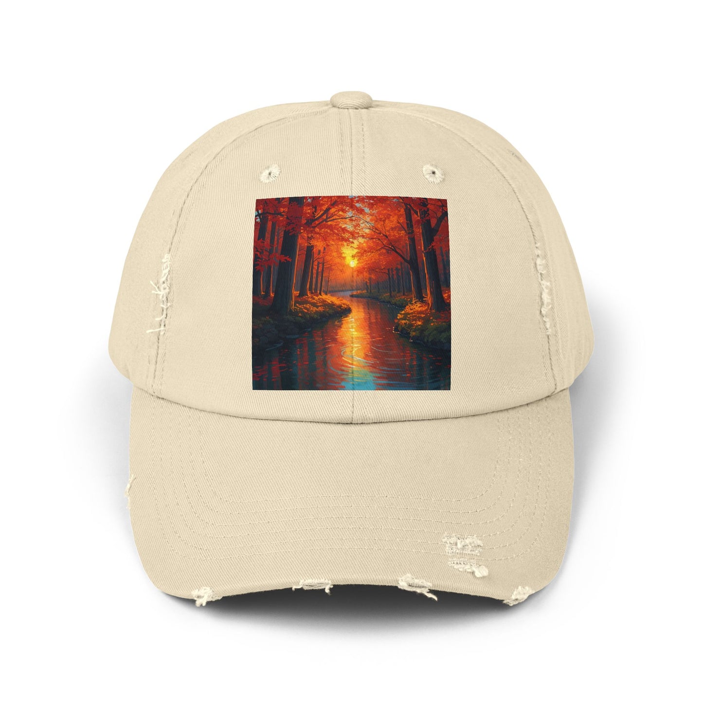 Unisex Distressed Cap with Serene Autumn Scene