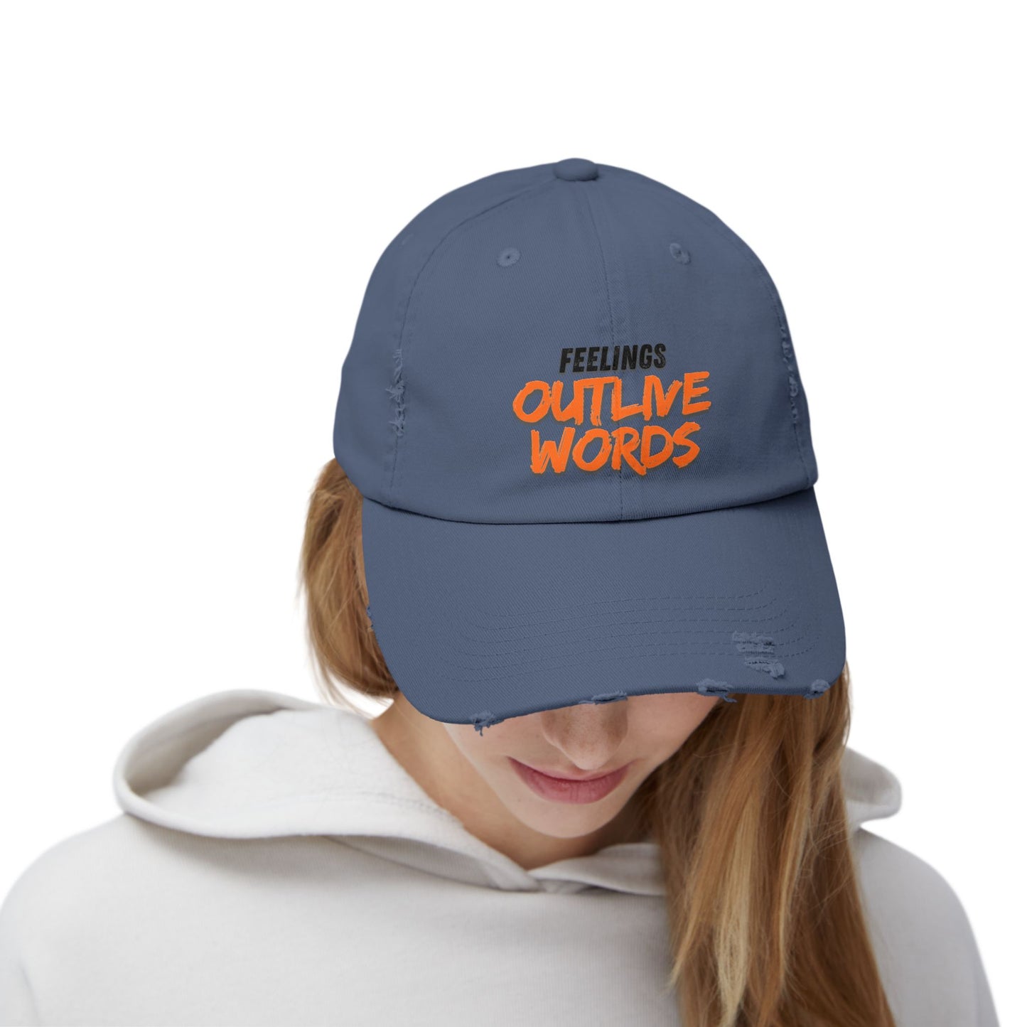 Unisex Distressed Cap with "Feelings Outlive Words" Inspirational Quote