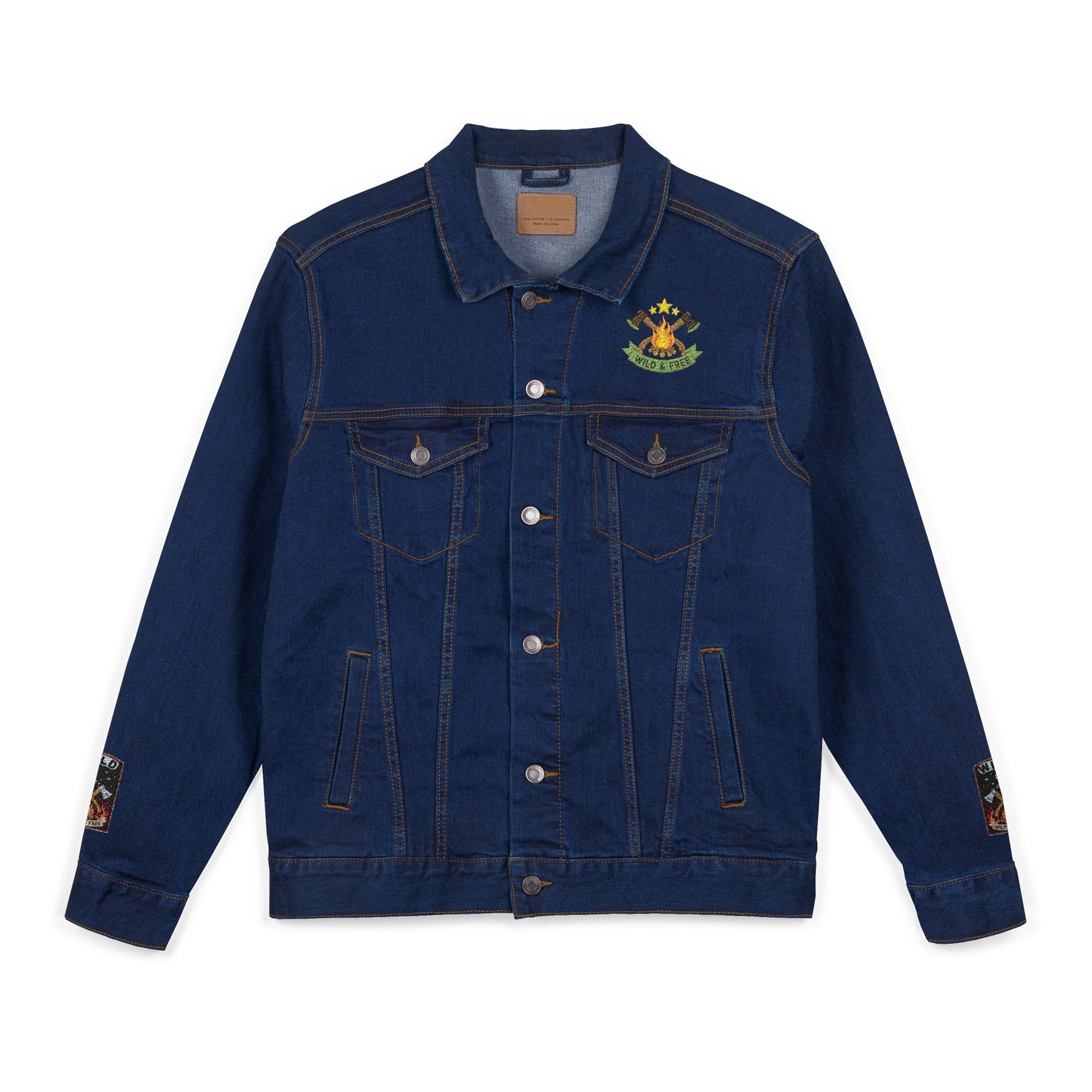 Road & Fire Lumberjack Denim Jacket - Axes & Pine Embroidered Jean Jacket