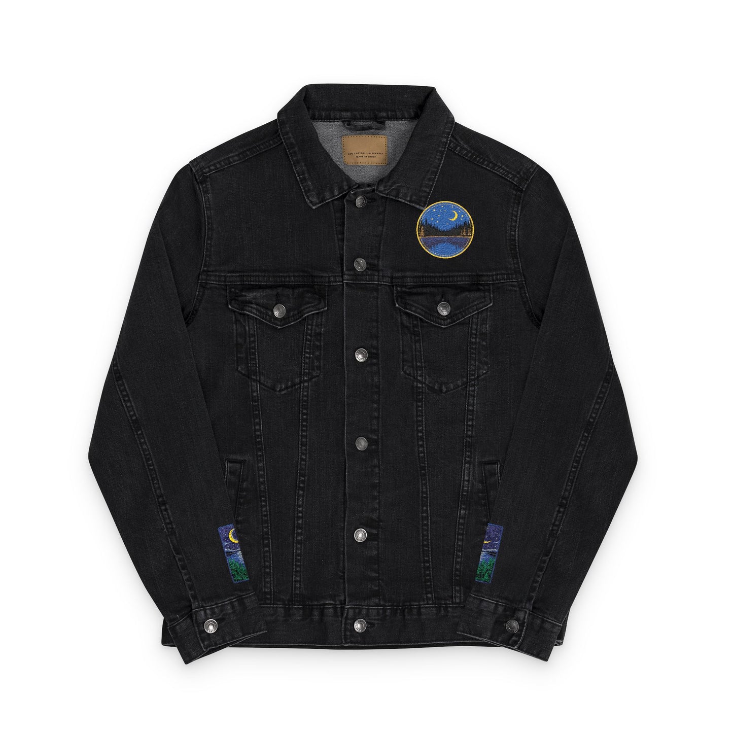 Night Lake Adventure E Denim Jacket - Mystical Moon & Forest Embroidered Patch Jean Jacket