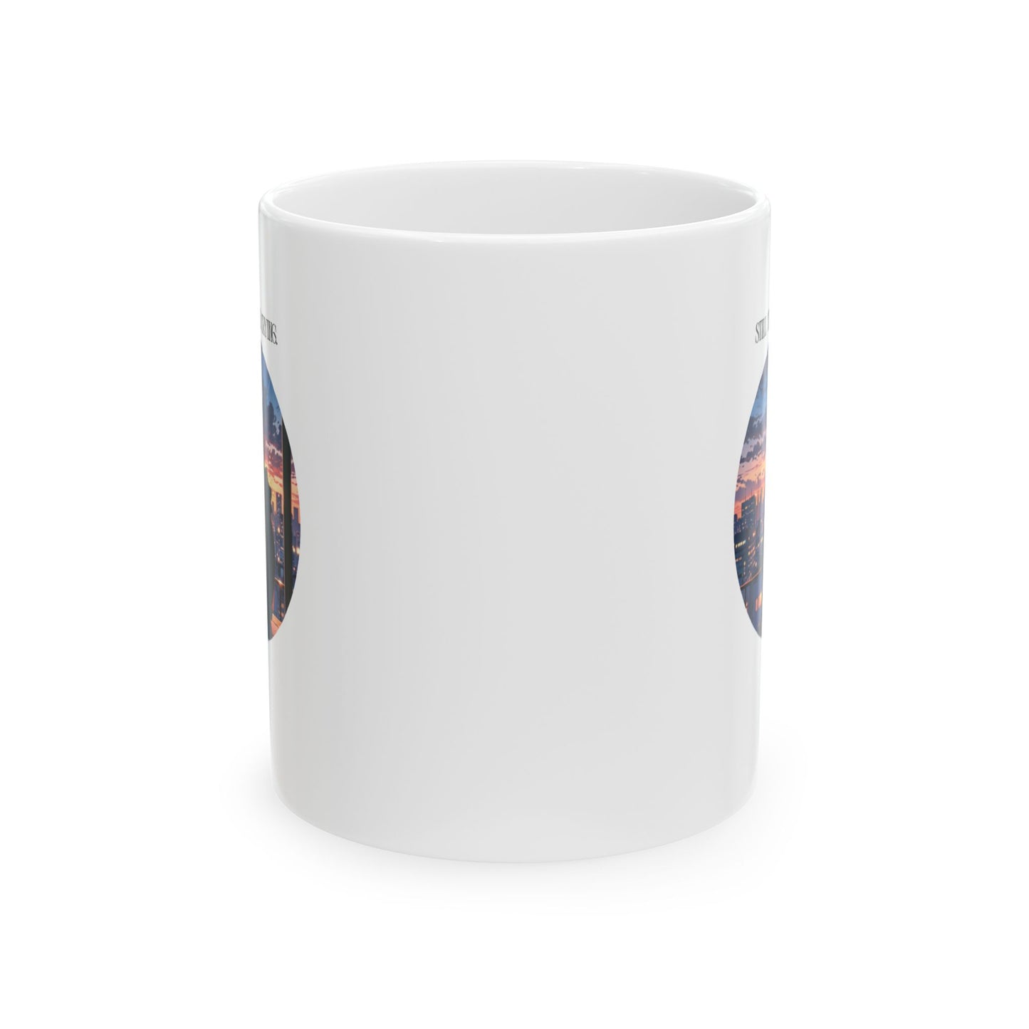 Mug - 'Still tired Still trying' Sleepy Anime Boy at Dawn City Skyline Design