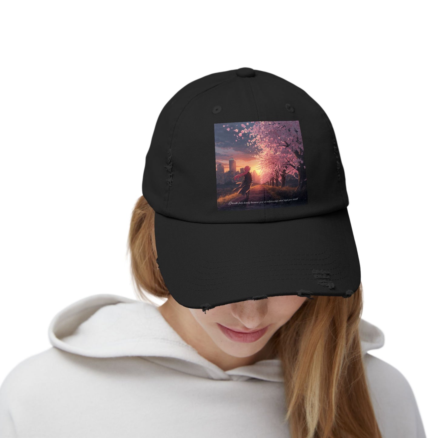 Unisex Distressed Cap - Vintage Sunset Cherry Blossom