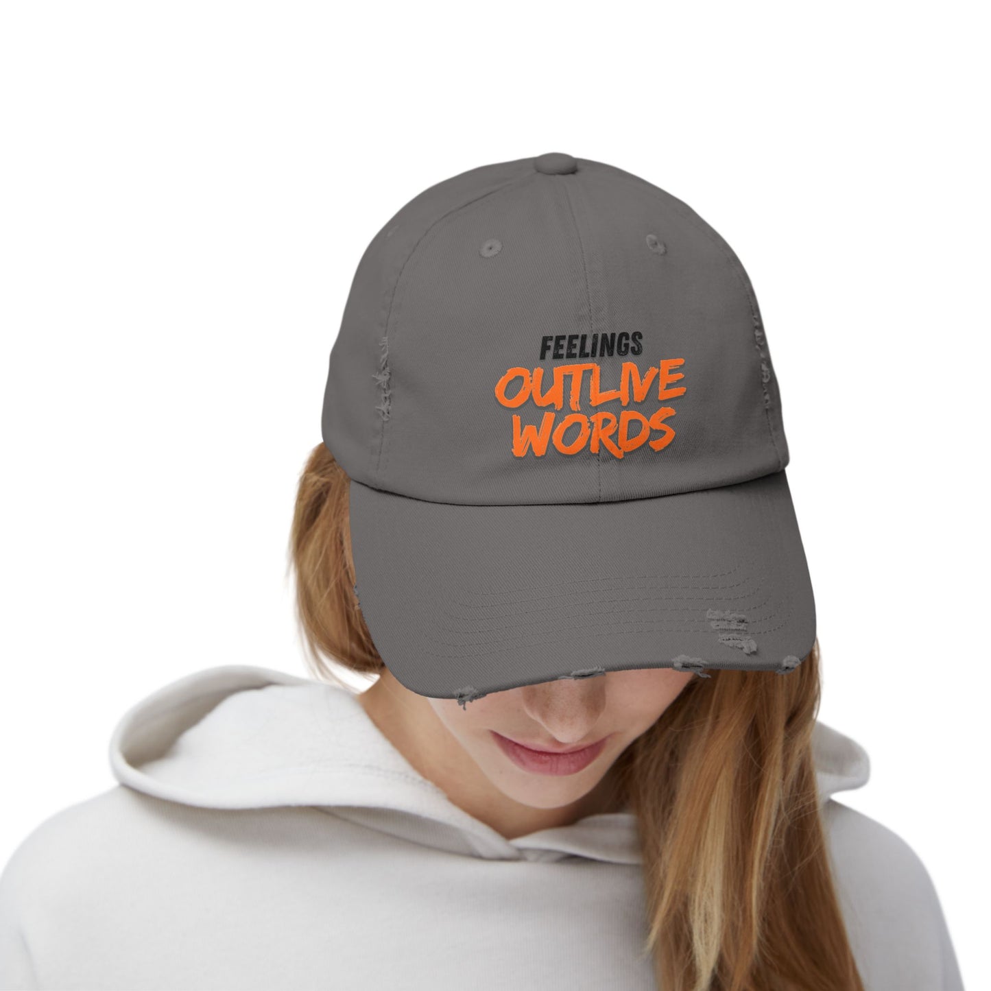 Unisex Distressed Cap with "Feelings Outlive Words" Inspirational Quote