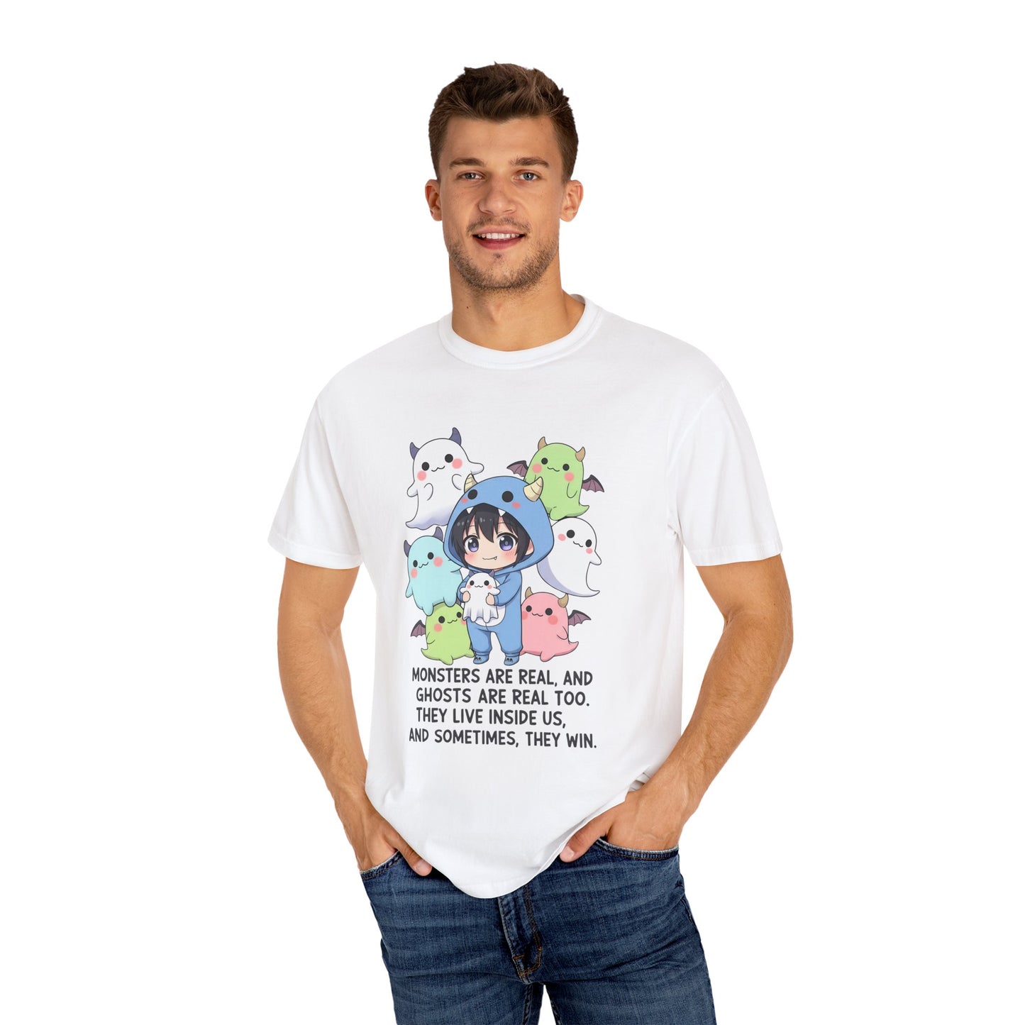 Cute Monster & Ghost Crew T-Shirt - Stephen King Quote "Monsters Are Real" Graphic Tee