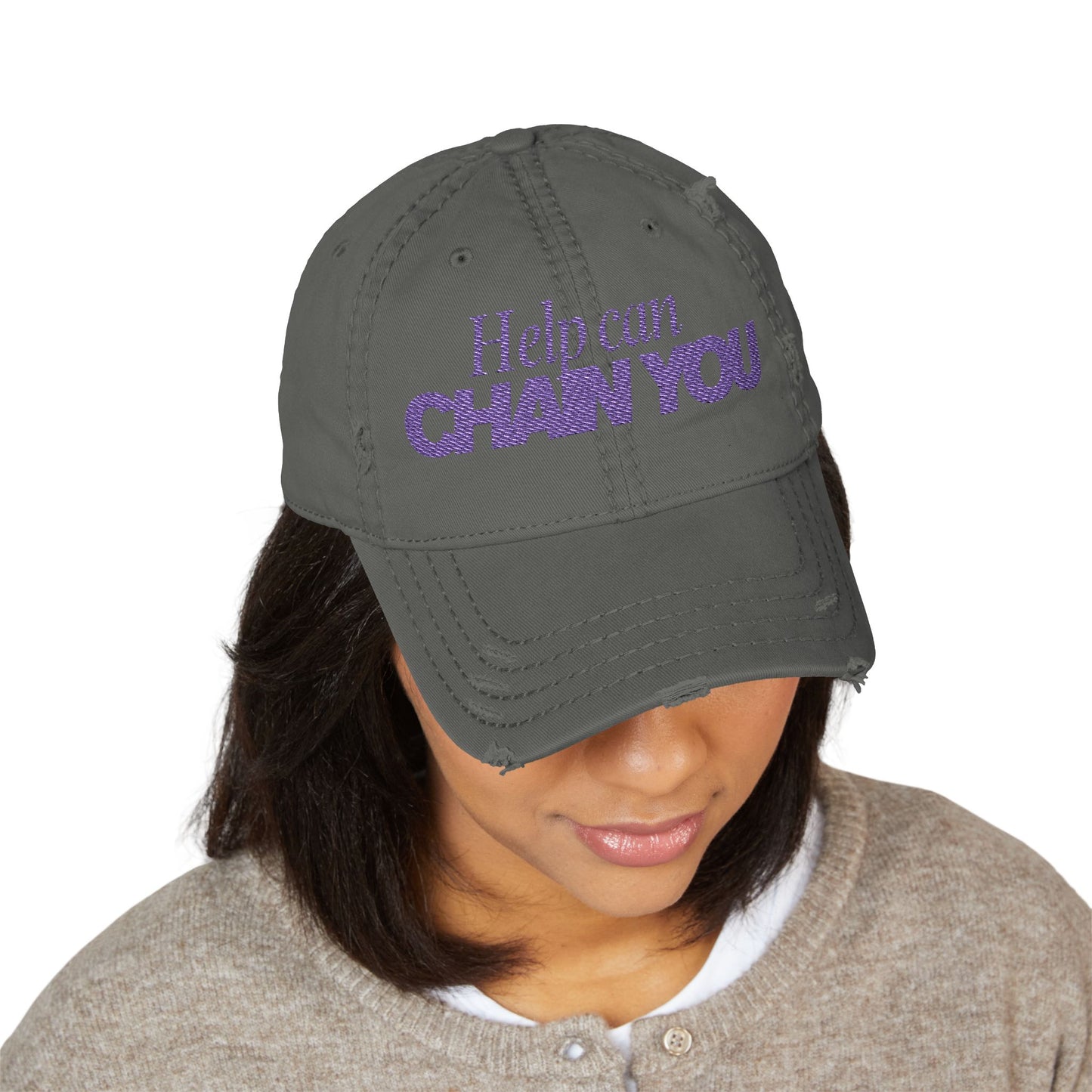 Distressed Dad Hat with 'Help Can Chain You' Embroidery,