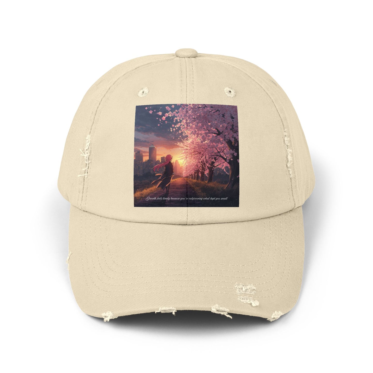 Unisex Distressed Cap - Vintage Sunset Cherry Blossom
