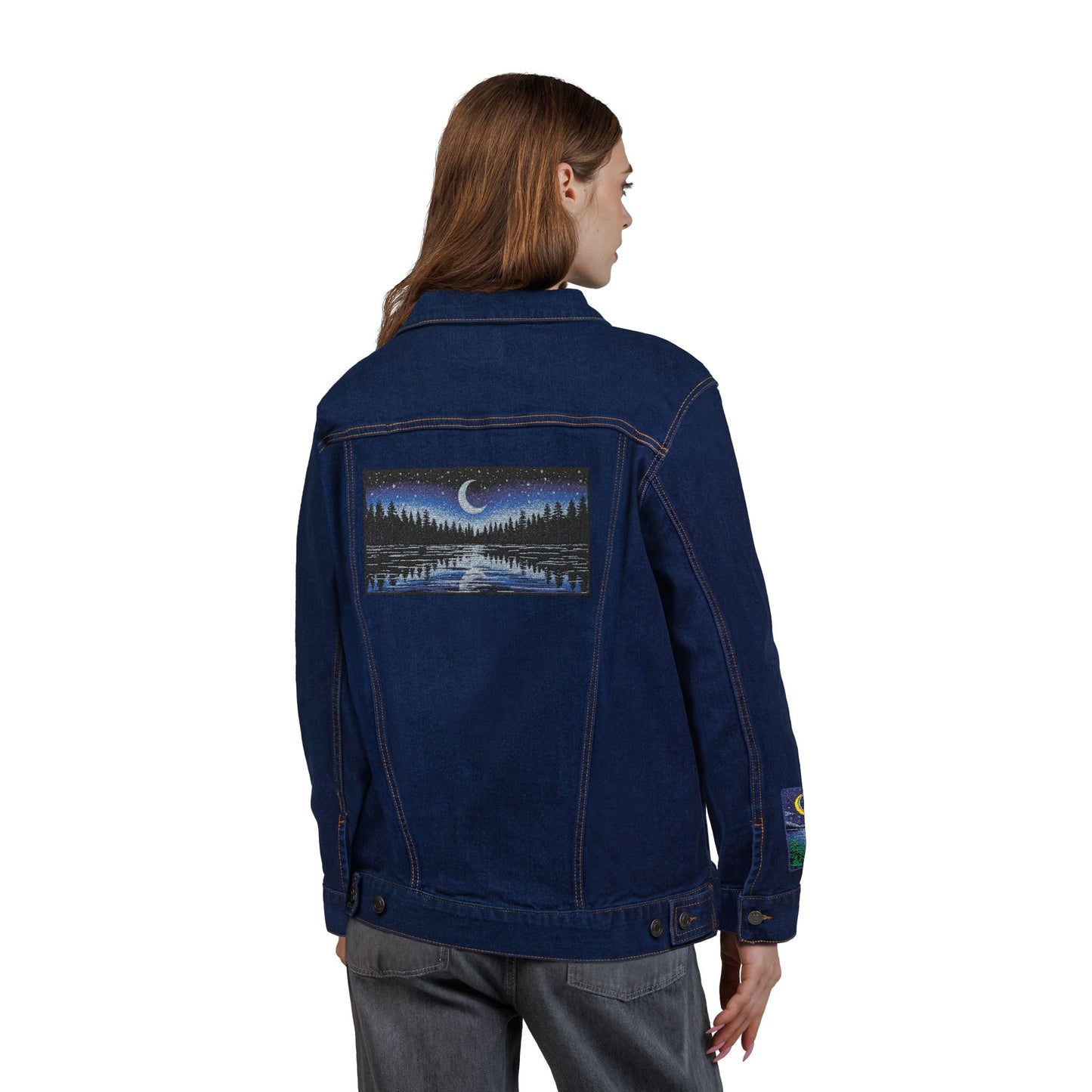 Night Lake Adventure E Denim Jacket - Mystical Moon & Forest Embroidered Patch Jean Jacket