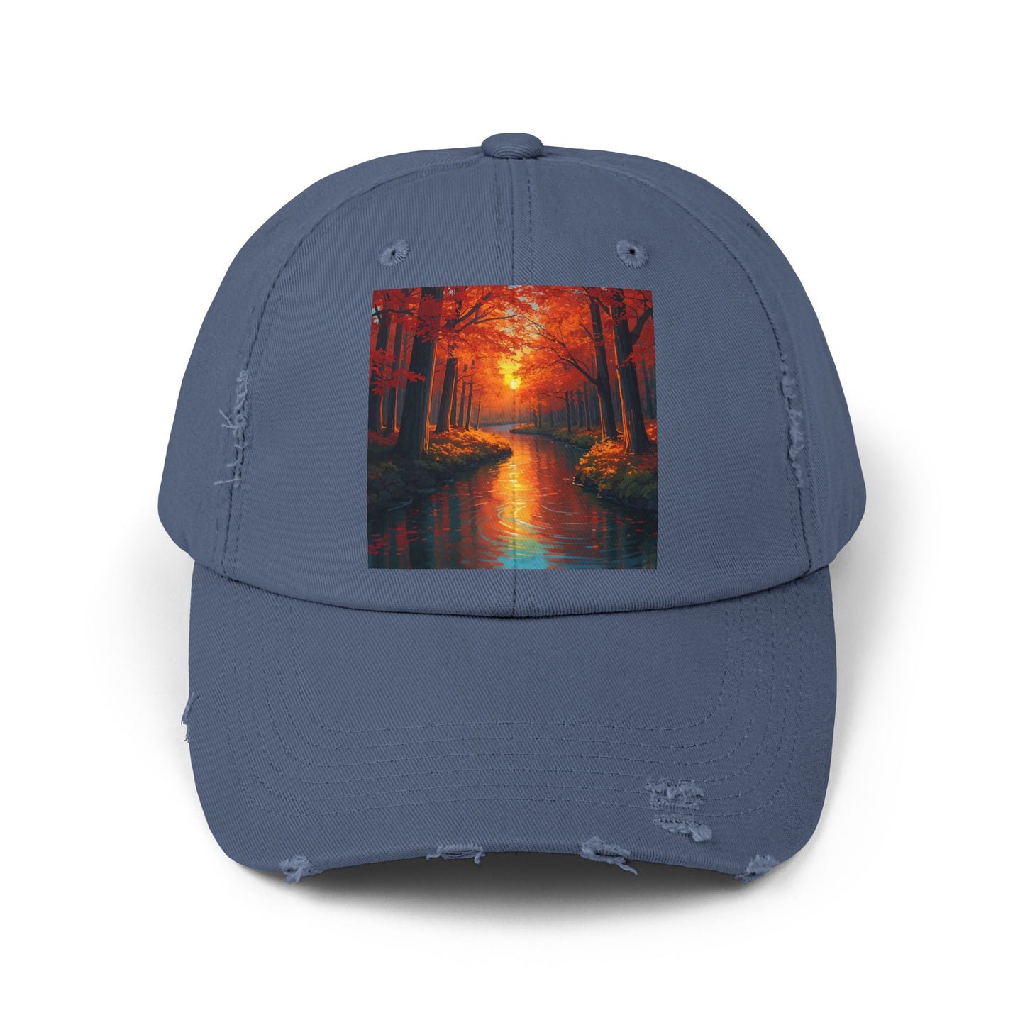 Unisex Distressed Cap with Serene Autumn Scene