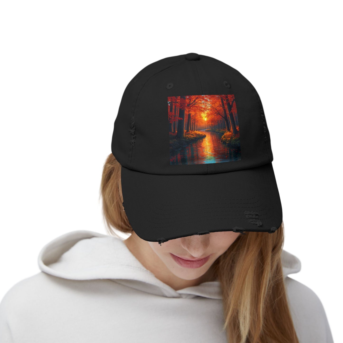 Unisex Distressed Cap with Serene Autumn Scene