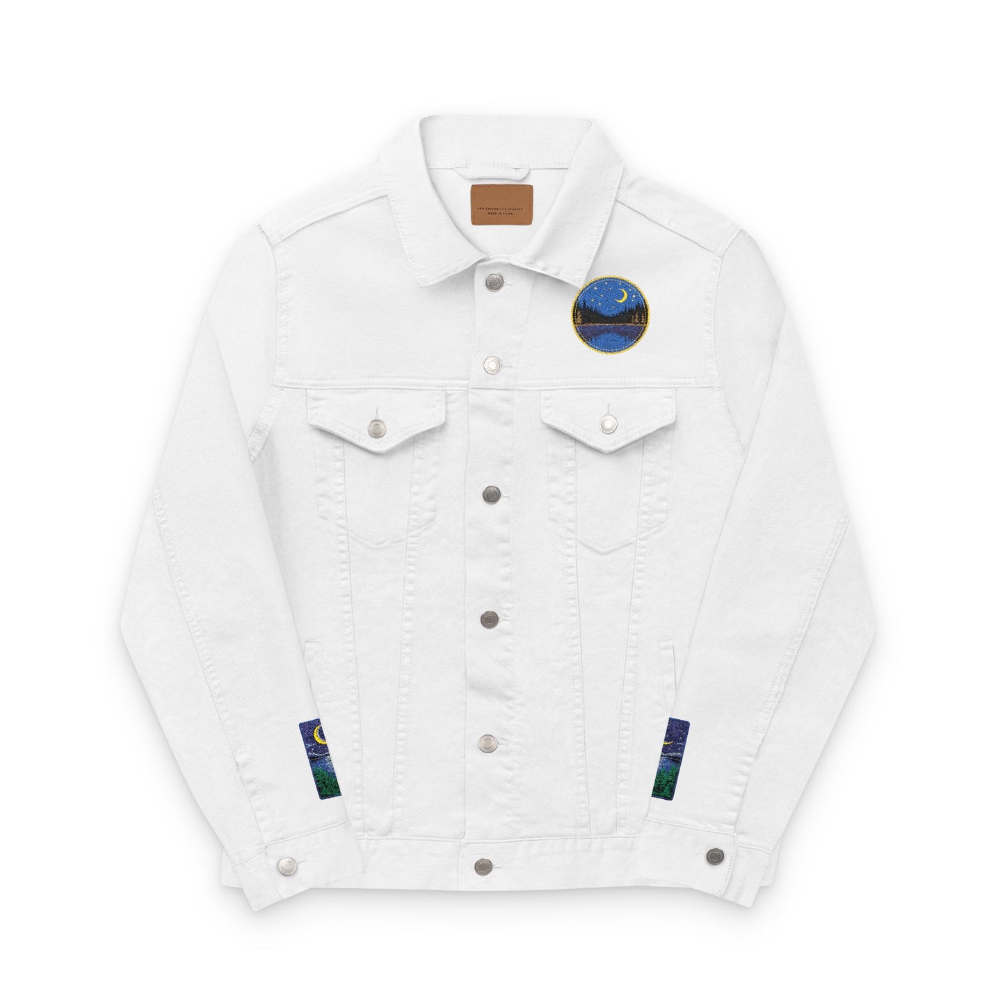 Night Lake Adventure E Denim Jacket - Mystical Moon & Forest Embroidered Patch Jean Jacket