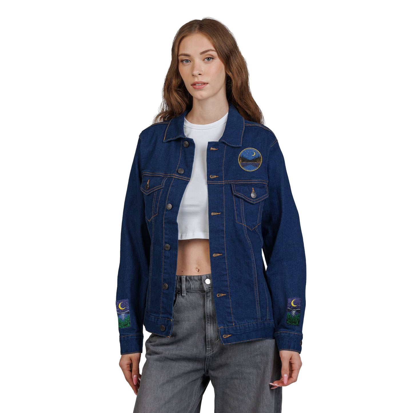 Night Lake Adventure E Denim Jacket - Mystical Moon & Forest Embroidered Patch Jean Jacket