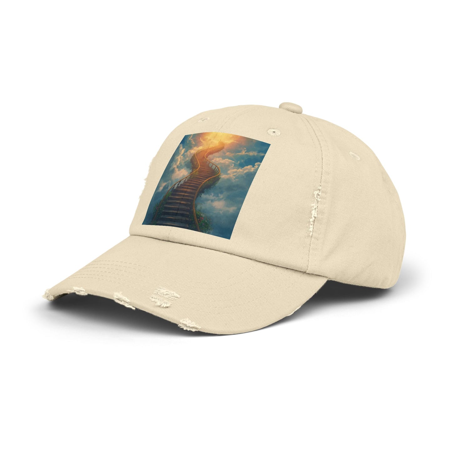 Unisex Distressed Cap with Inspirational Stairs Design