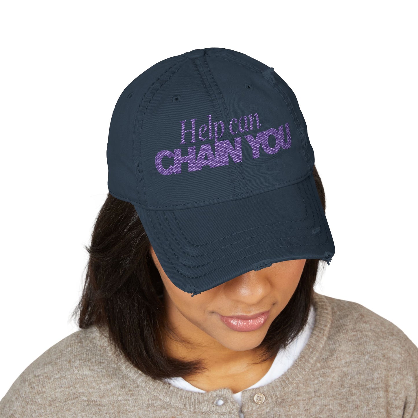 Distressed Dad Hat with 'Help Can Chain You' Embroidery,