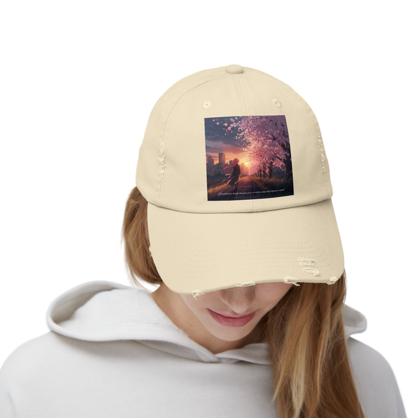 Unisex Distressed Cap - Vintage Sunset Cherry Blossom