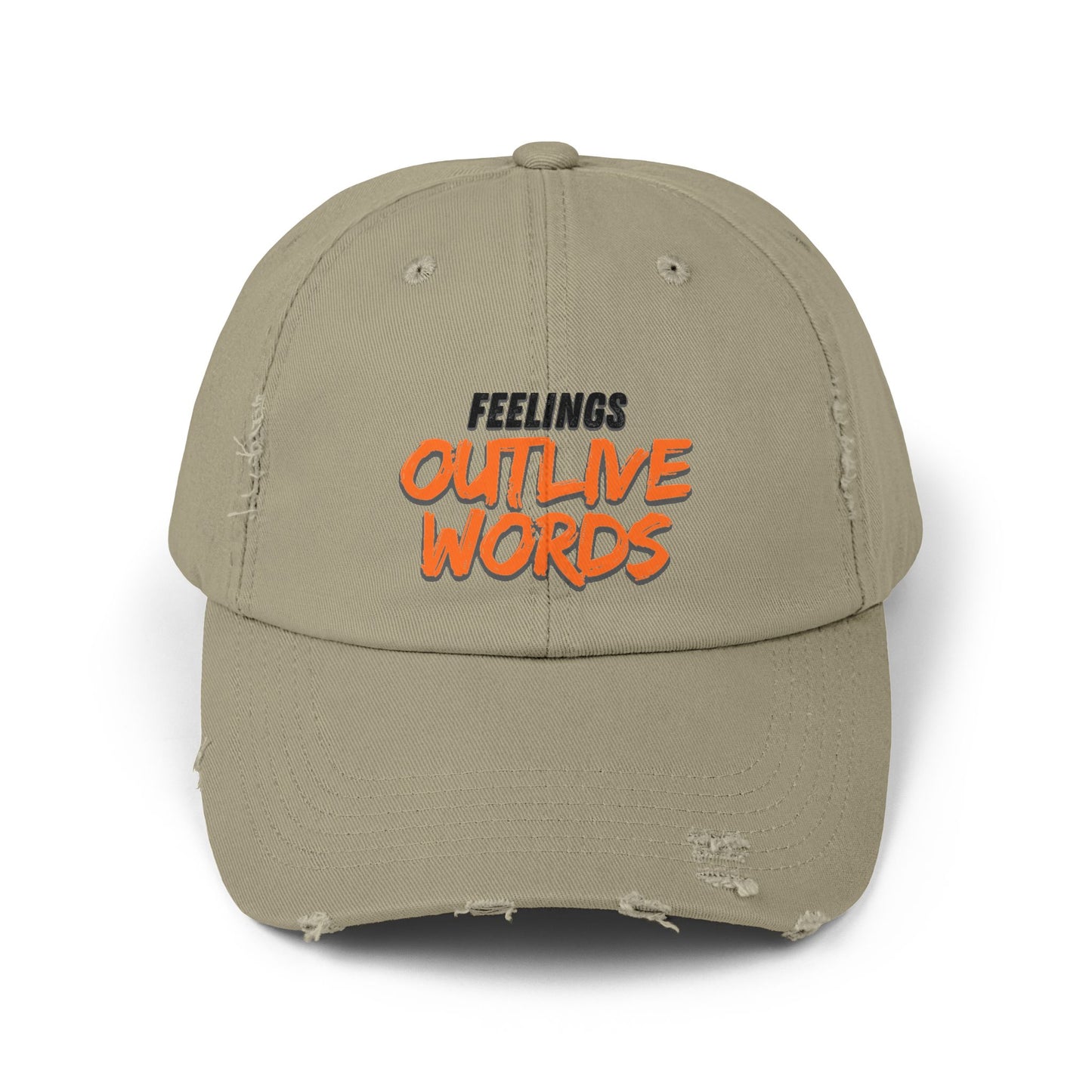 Unisex Distressed Cap with "Feelings Outlive Words" Inspirational Quote