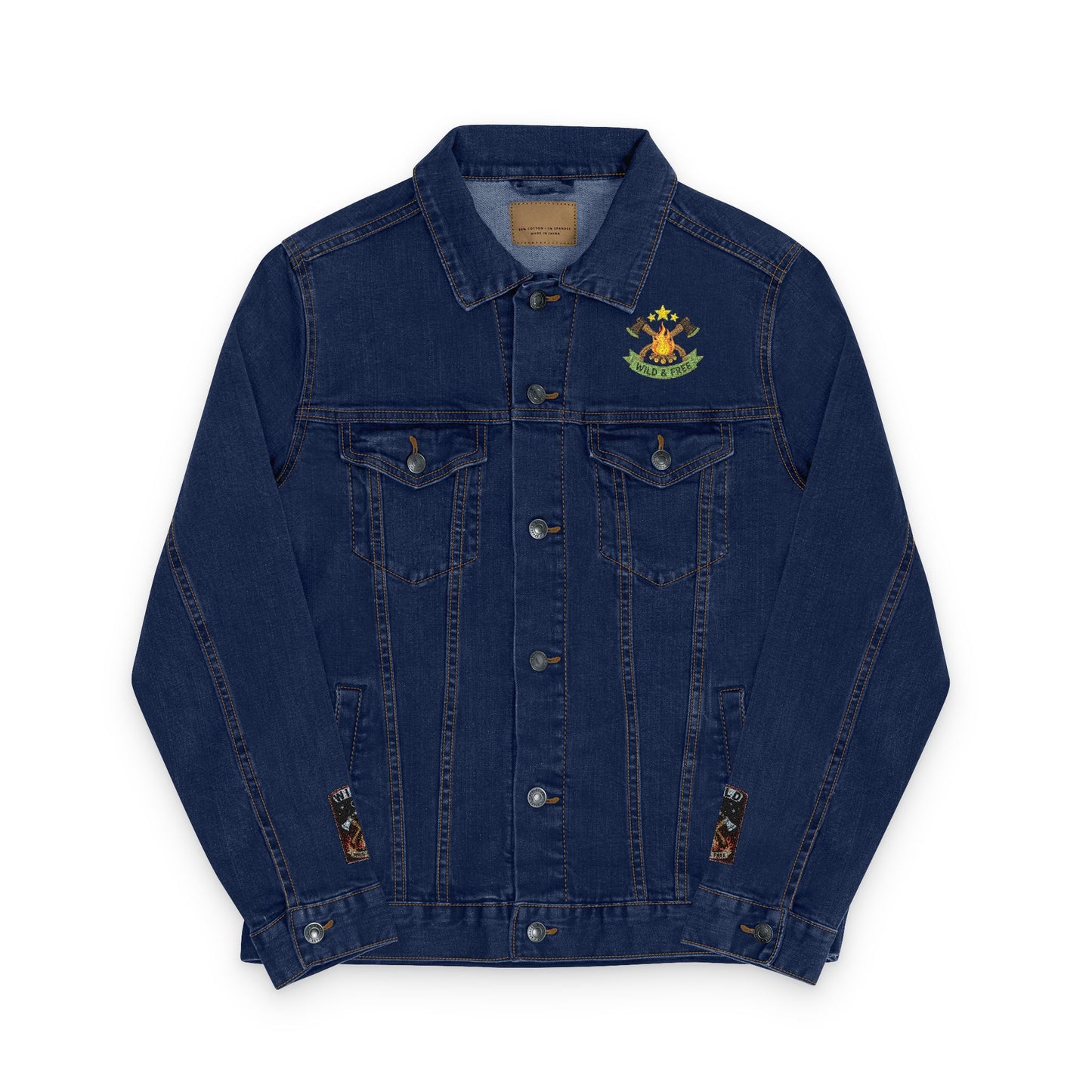 Road & Fire Lumberjack Denim Jacket - Axes & Pine Embroidered Jean Jacket