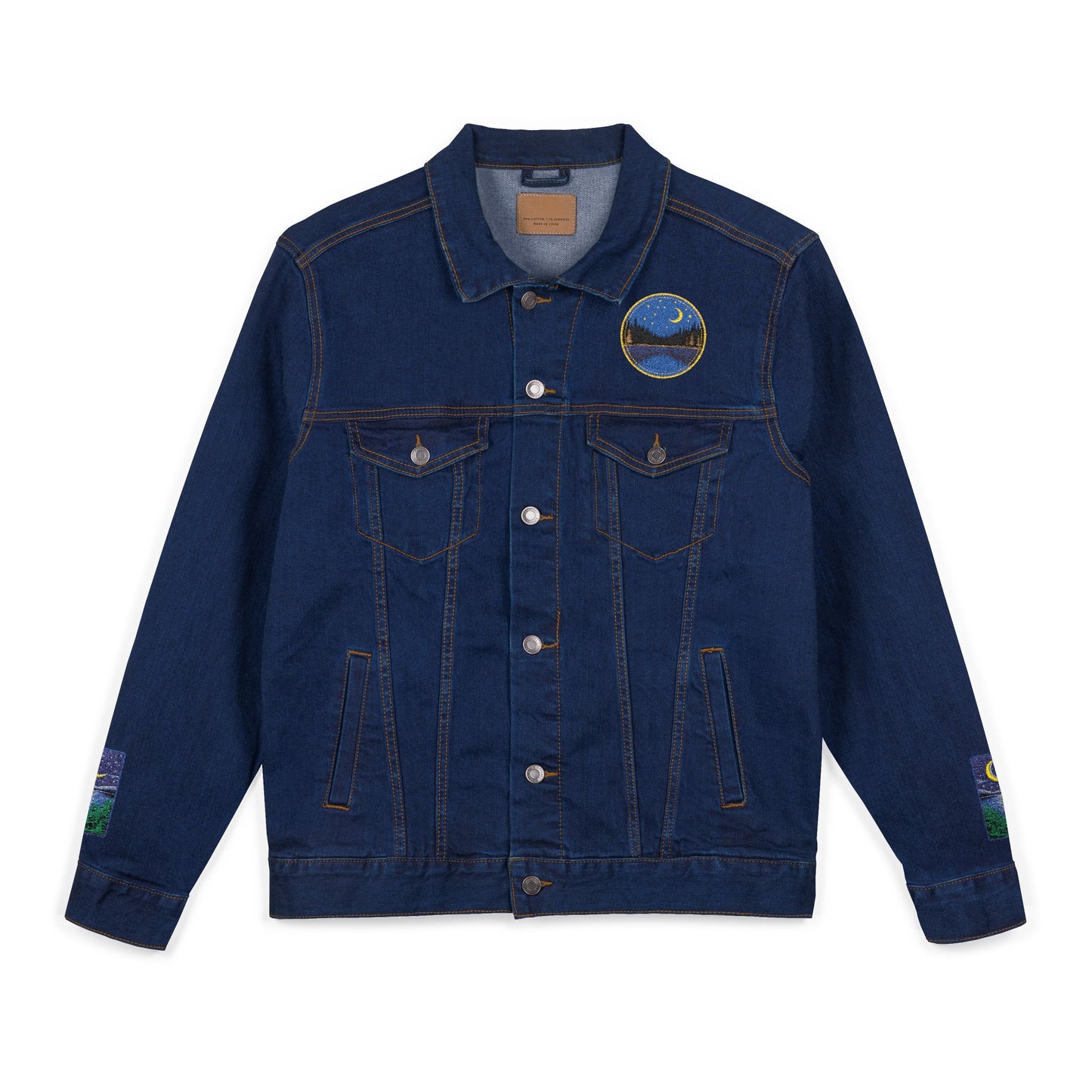 Night Lake Adventure E Denim Jacket - Mystical Moon & Forest Embroidered Patch Jean Jacket