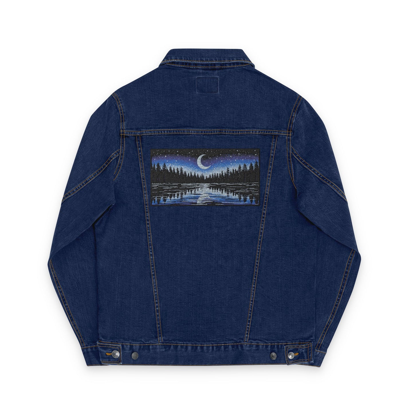 Night Lake Adventure E Denim Jacket - Mystical Moon & Forest Embroidered Patch Jean Jacket