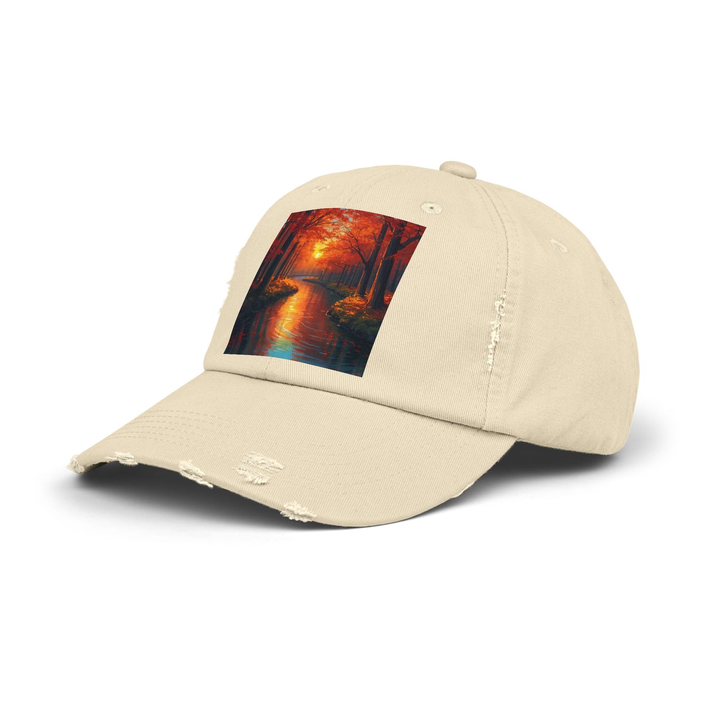 Unisex Distressed Cap with Serene Autumn Scene
