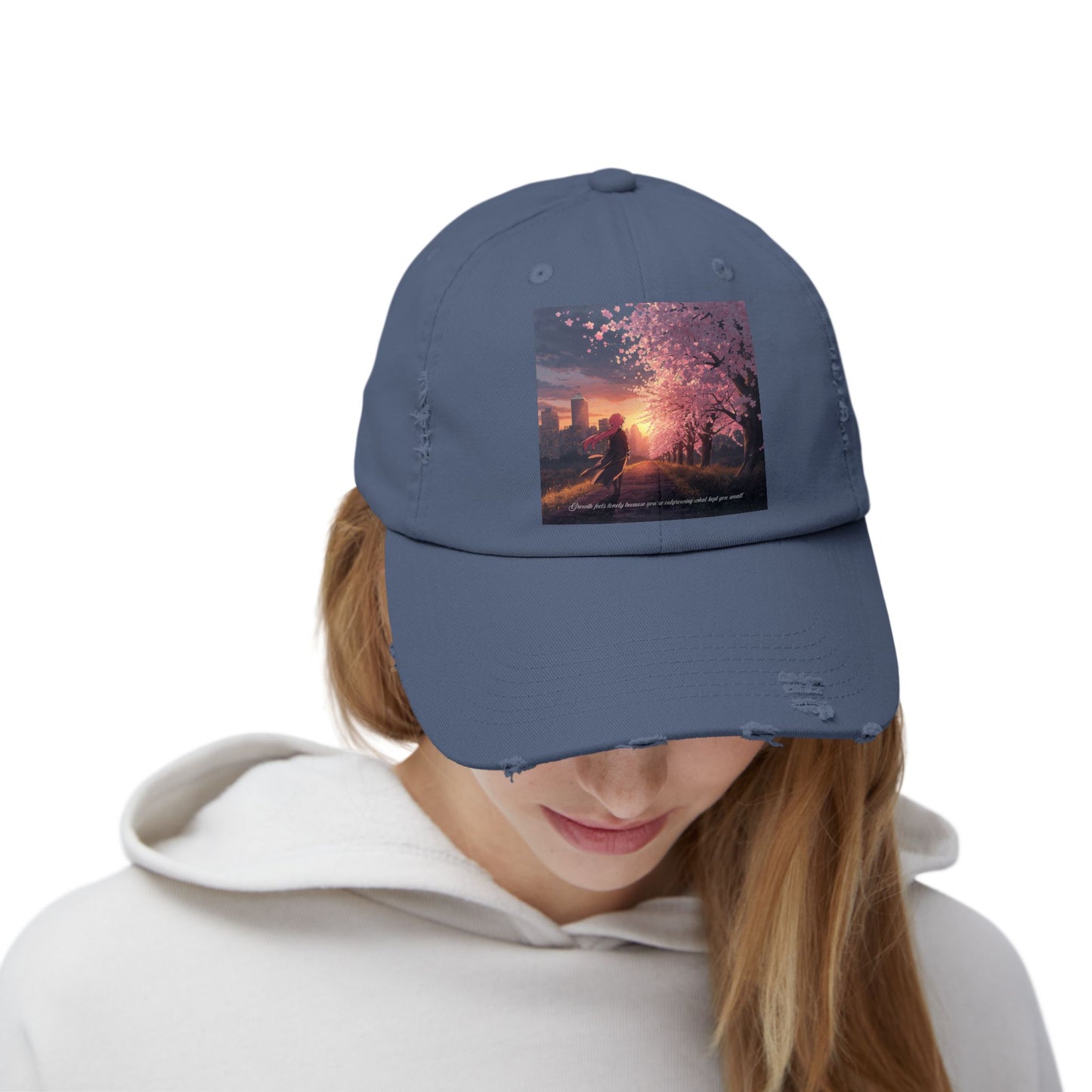 Unisex Distressed Cap - Vintage Sunset Cherry Blossom