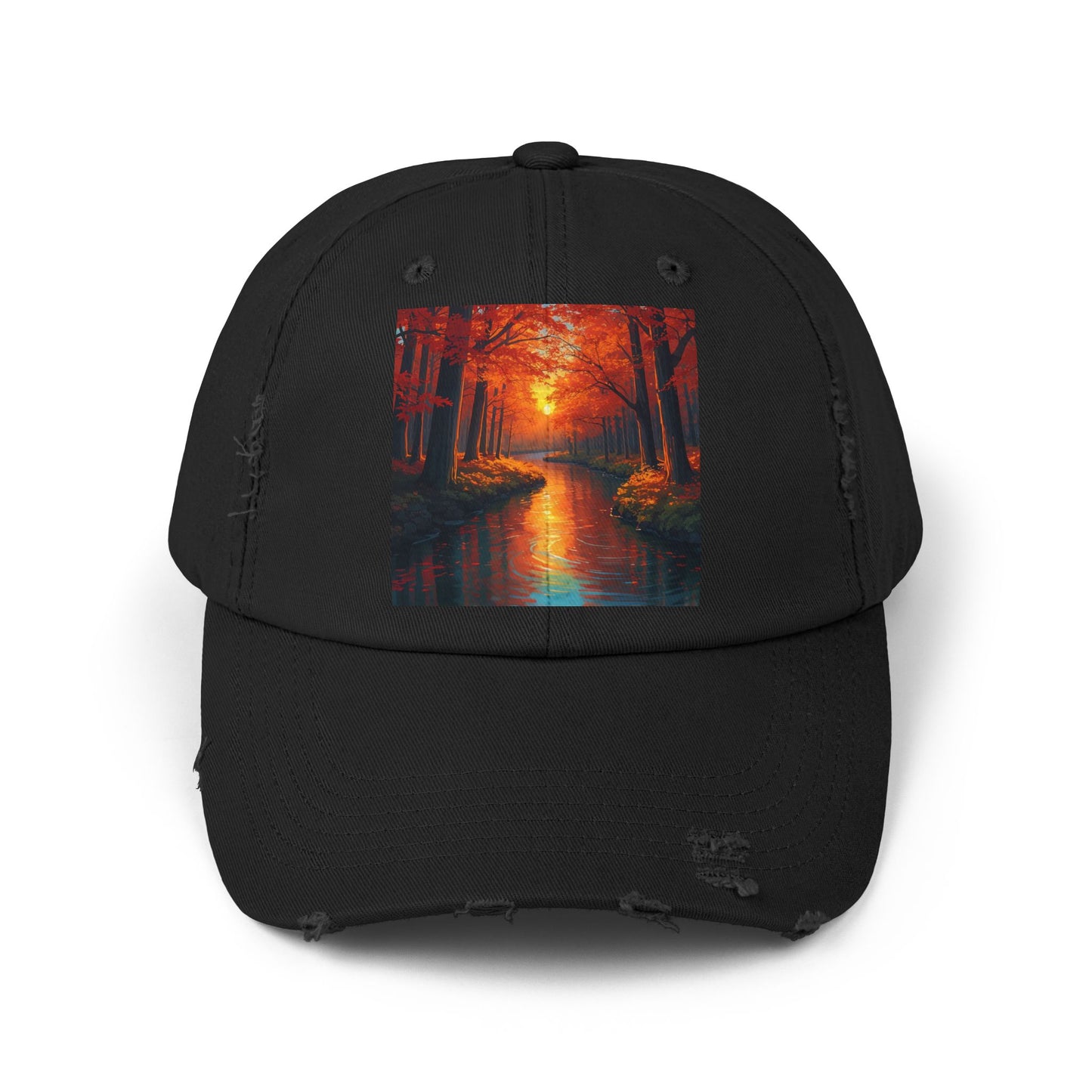 Unisex Distressed Cap with Serene Autumn Scene