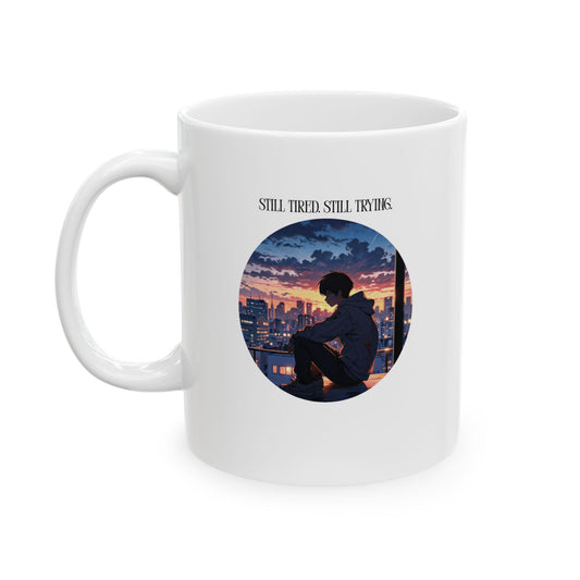 Mug - 'Still tired Still trying' Sleepy Anime Boy at Dawn City Skyline Design