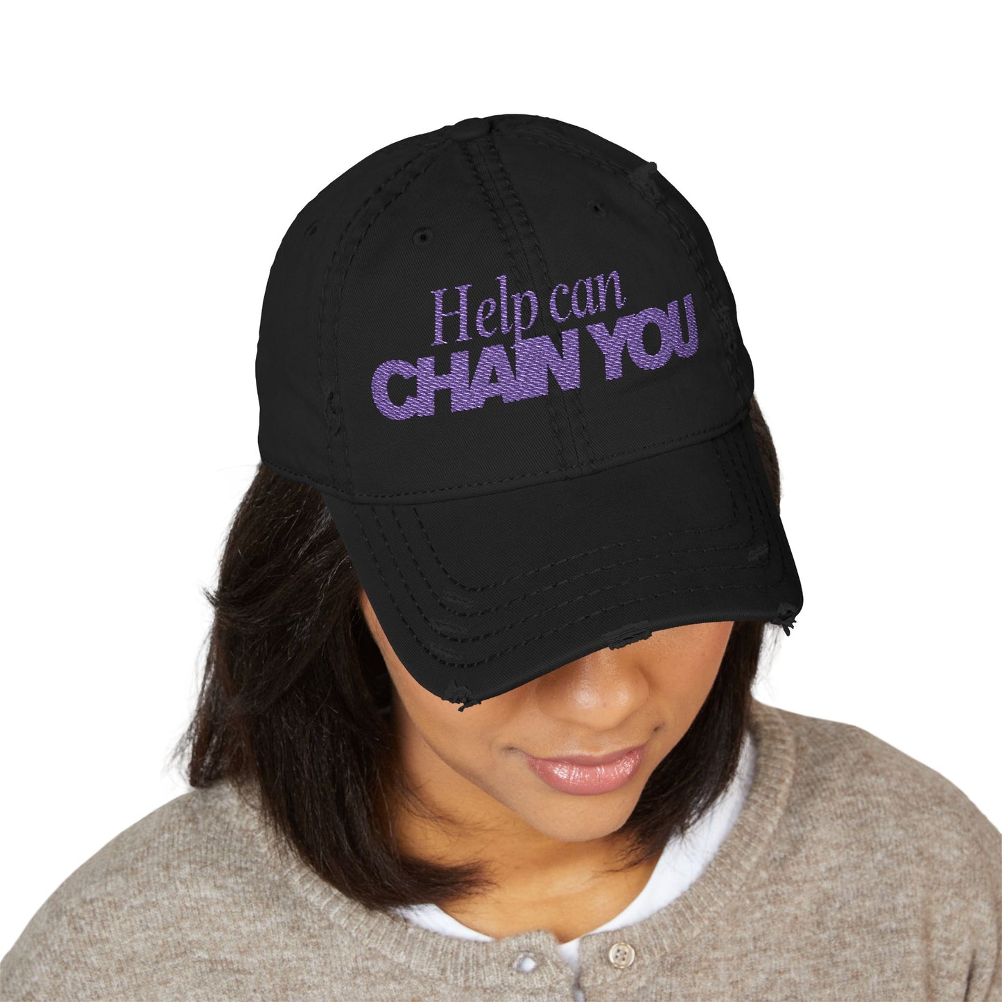Distressed Dad Hat with 'Help Can Chain You' Embroidery,