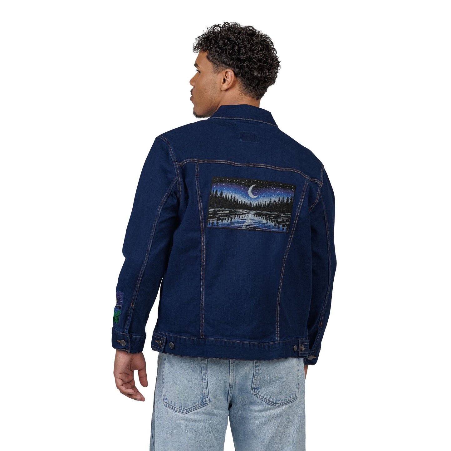 Night Lake Adventure E Denim Jacket - Mystical Moon & Forest Embroidered Patch Jean Jacket