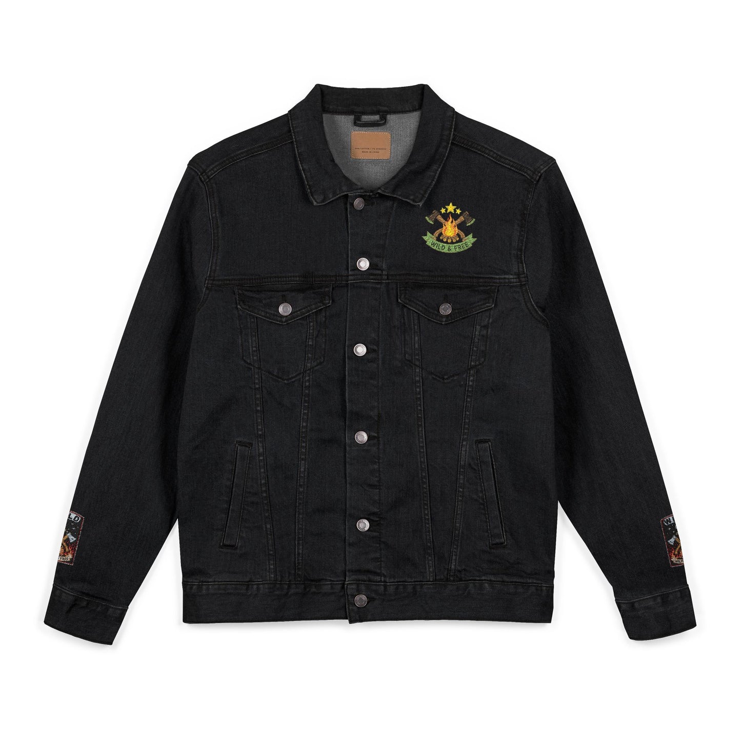 Road & Fire Lumberjack Denim Jacket - Axes & Pine Embroidered Jean Jacket