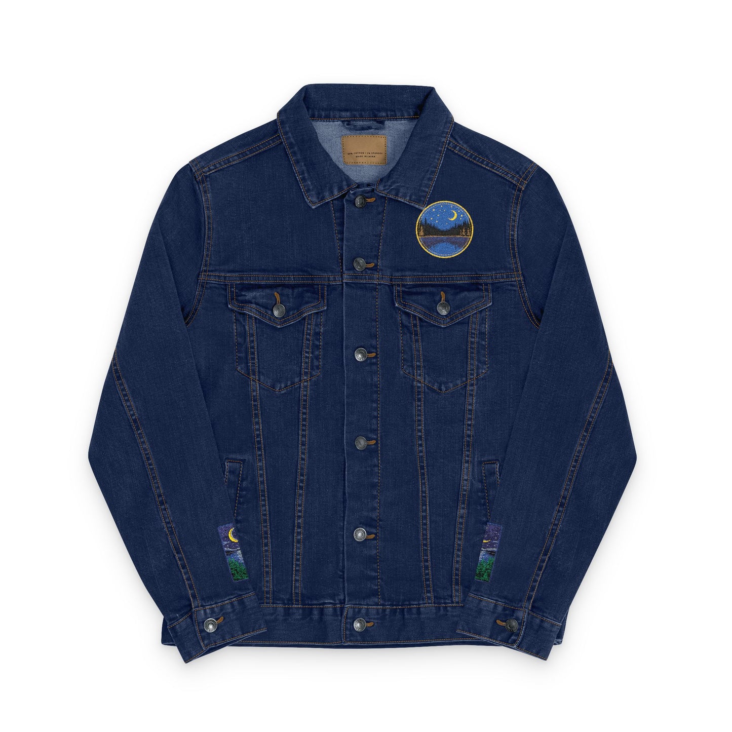 Night Lake Adventure E Denim Jacket - Mystical Moon & Forest Embroidered Patch Jean Jacket