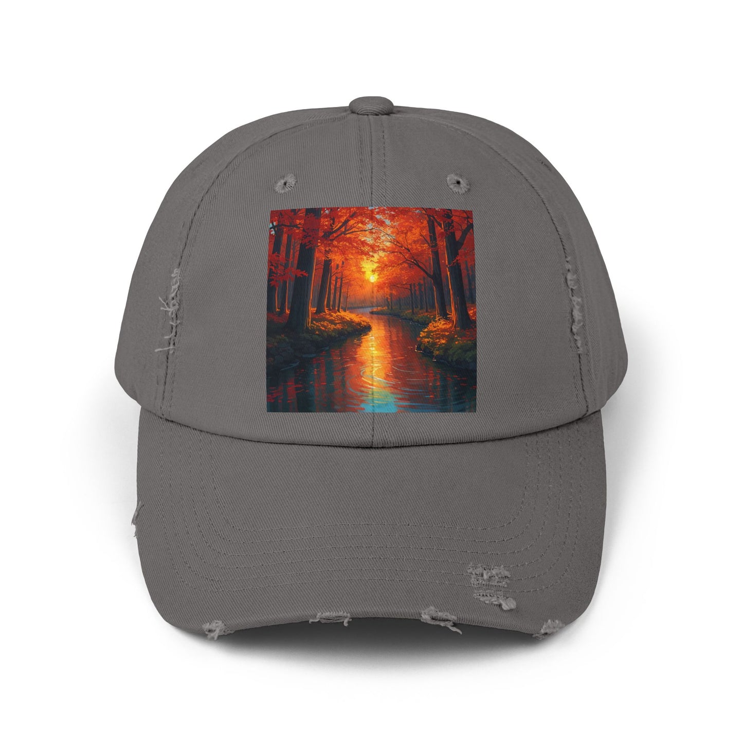 Unisex Distressed Cap with Serene Autumn Scene