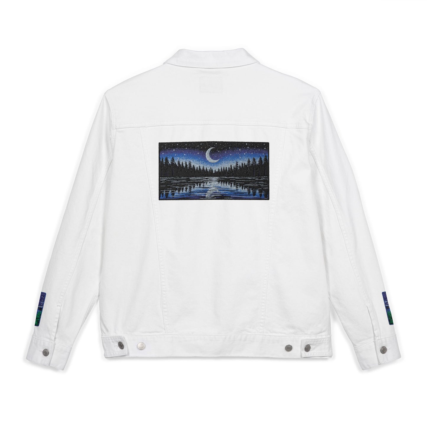 Night Lake Adventure E Denim Jacket - Mystical Moon & Forest Embroidered Patch Jean Jacket