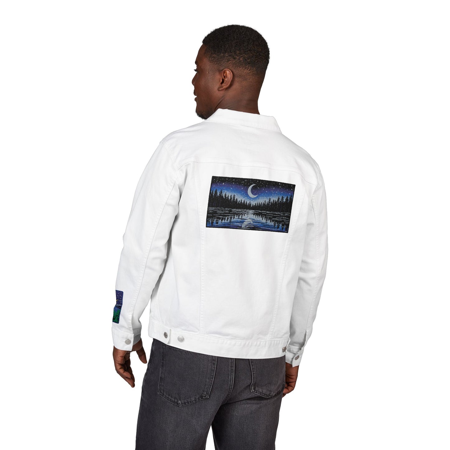 Night Lake Adventure E Denim Jacket - Mystical Moon & Forest Embroidered Patch Jean Jacket