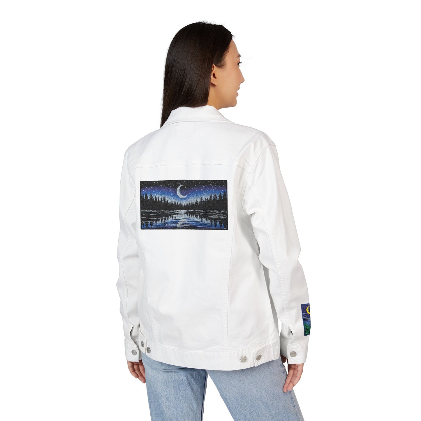 Night Lake Adventure E Denim Jacket - Mystical Moon & Forest Embroidered Patch Jean Jacket