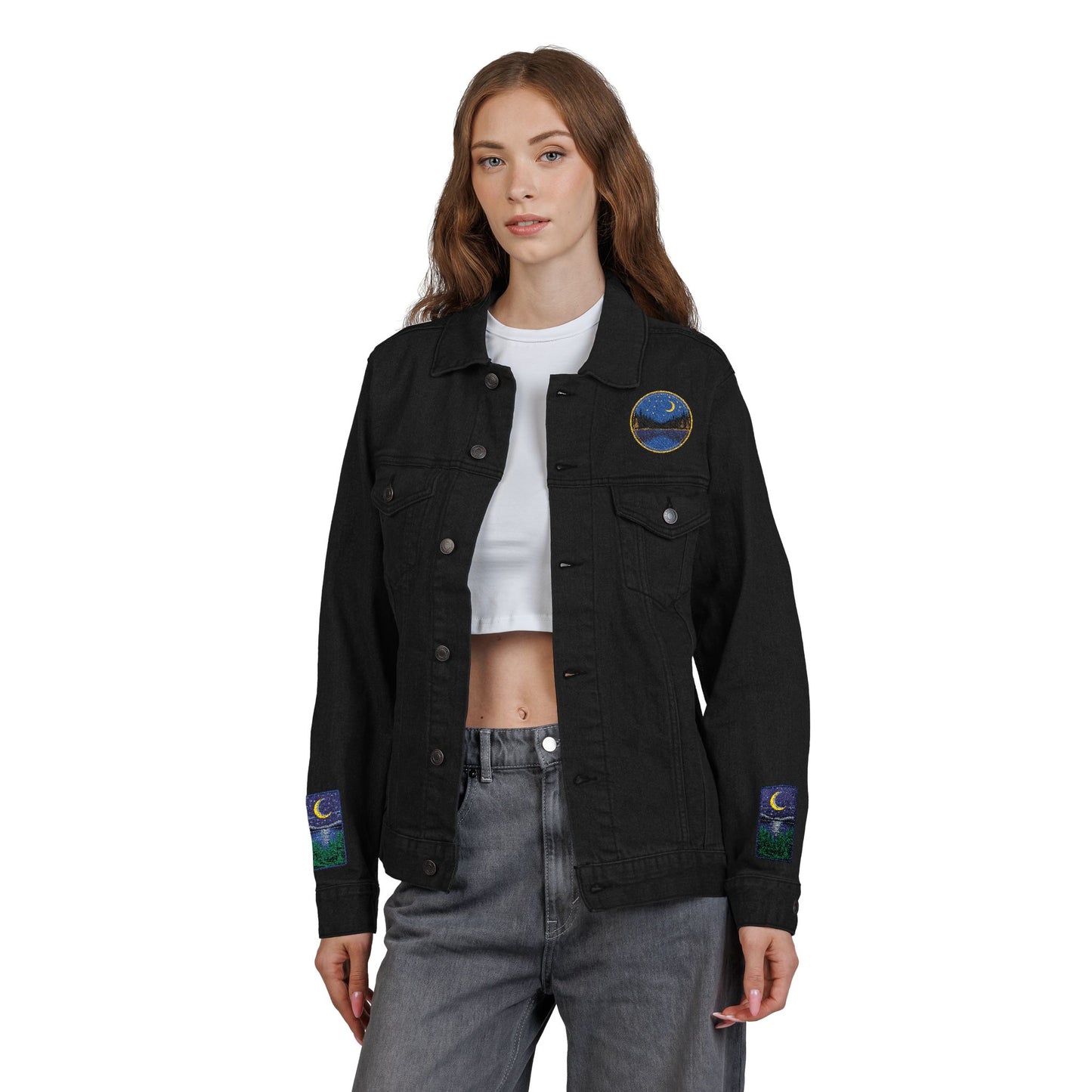 Night Lake Adventure E Denim Jacket - Mystical Moon & Forest Embroidered Patch Jean Jacket