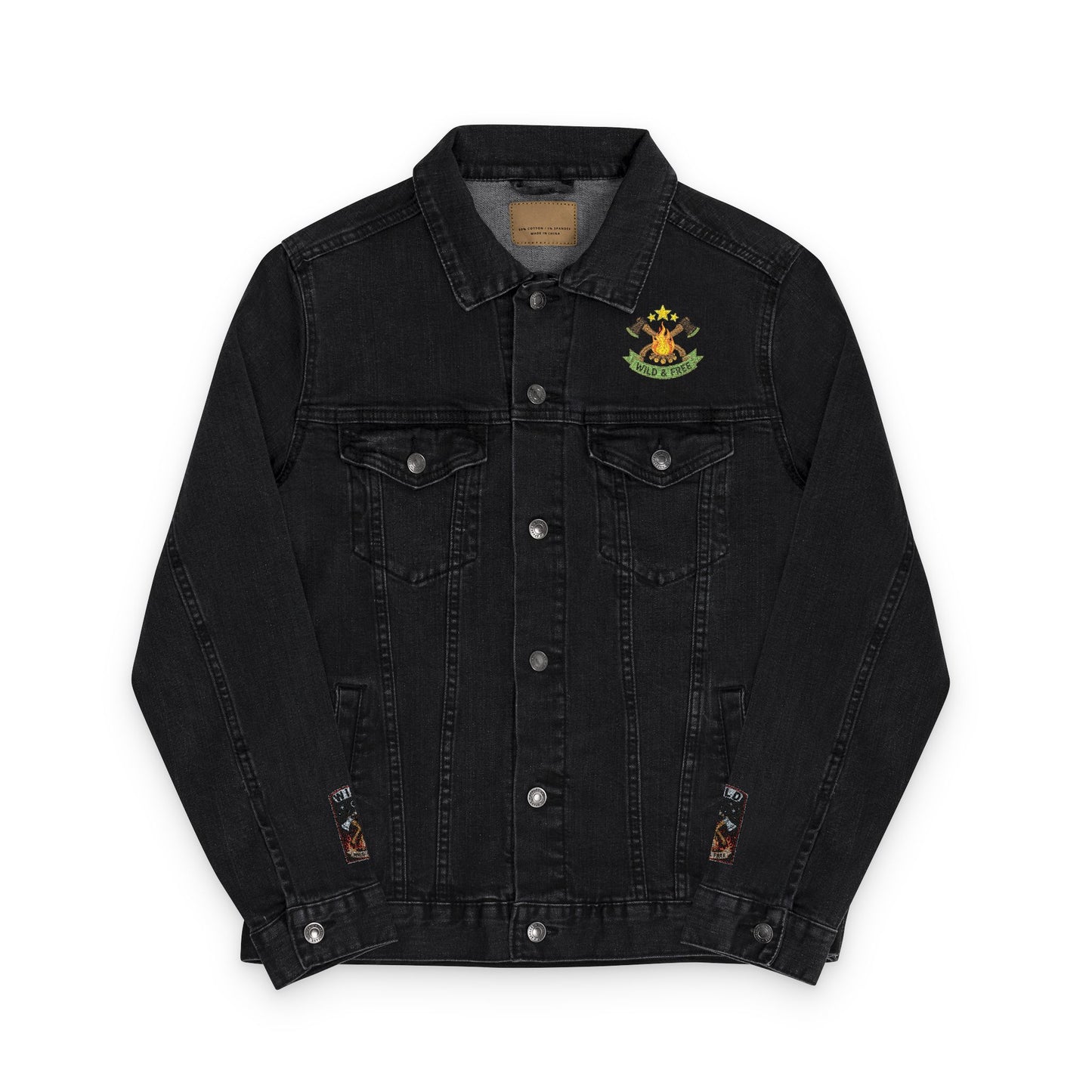 Road & Fire Lumberjack Denim Jacket - Axes & Pine Embroidered Jean Jacket