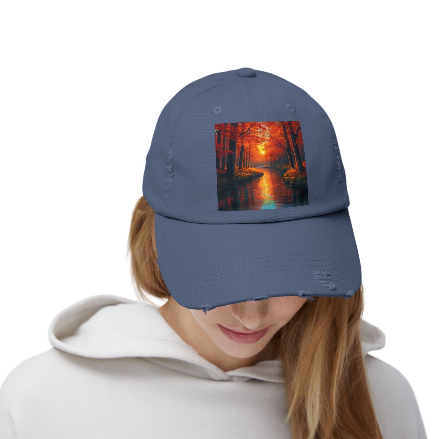 Unisex Distressed Cap with Serene Autumn Scene