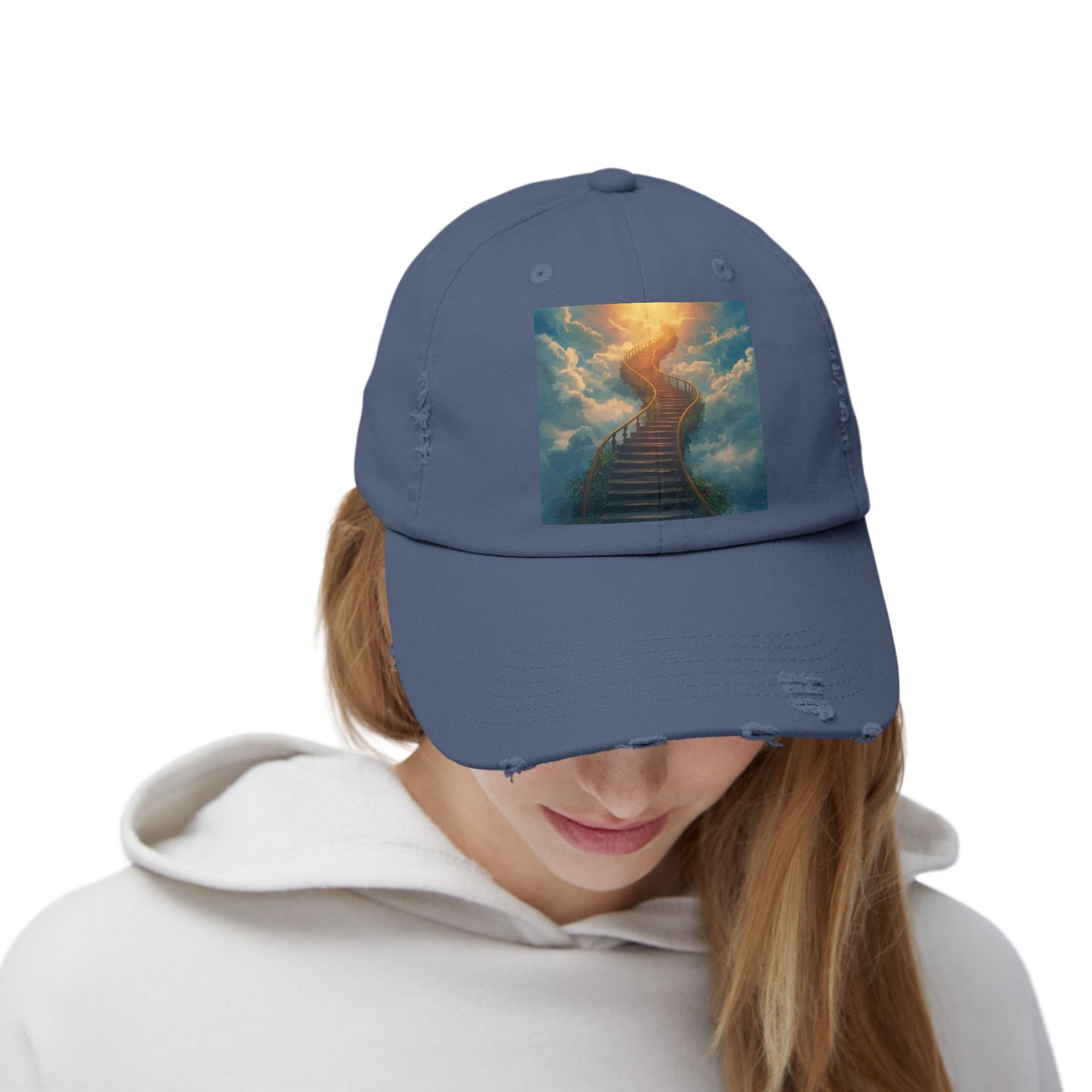 Unisex Distressed Cap with Inspirational Stairs Design