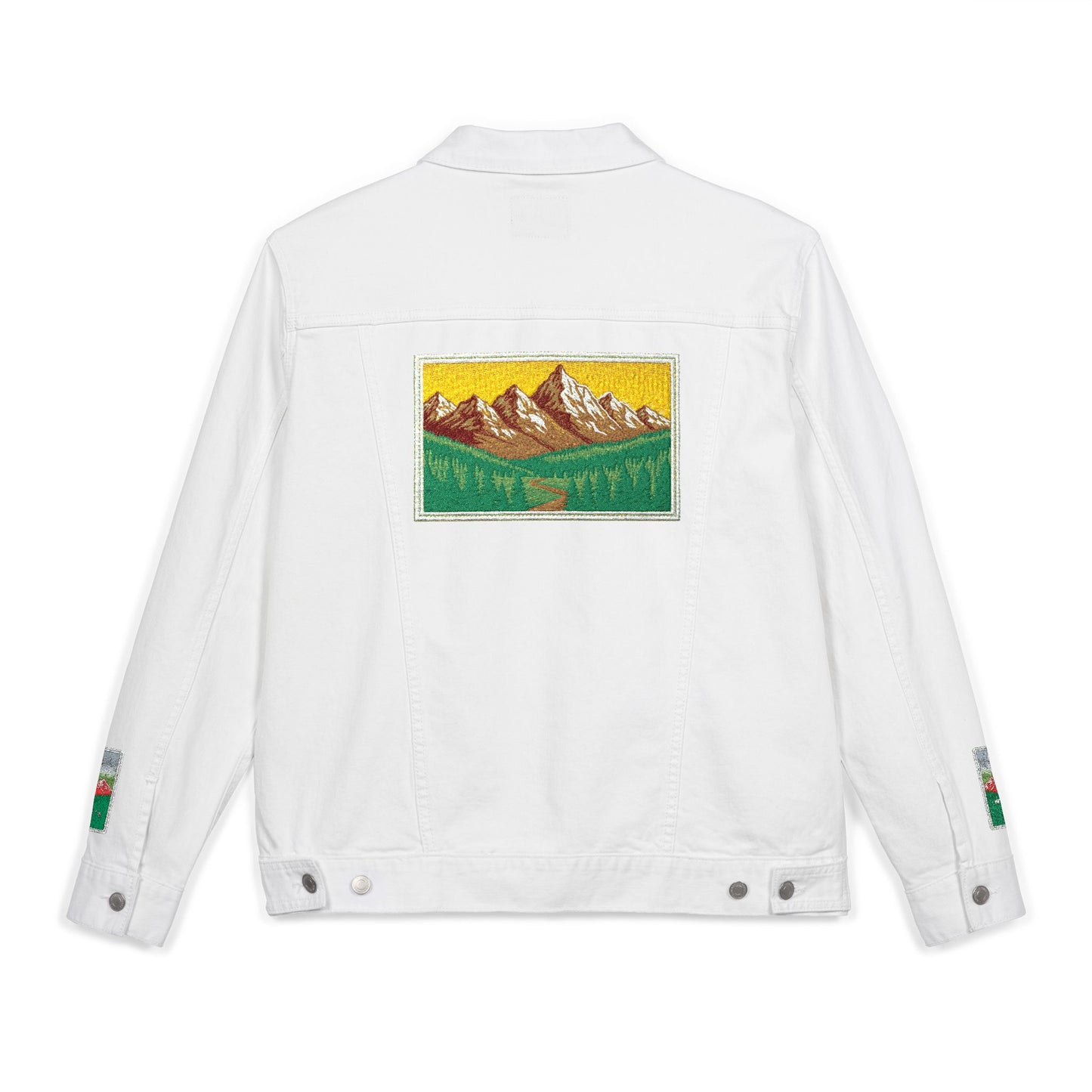 Embroidered Unisex Denim Jacket - Mountain and Floral Designs, Streetwear, Casual Outerwear, Gifts for Nature Lovers, Trendy Summer Jacket