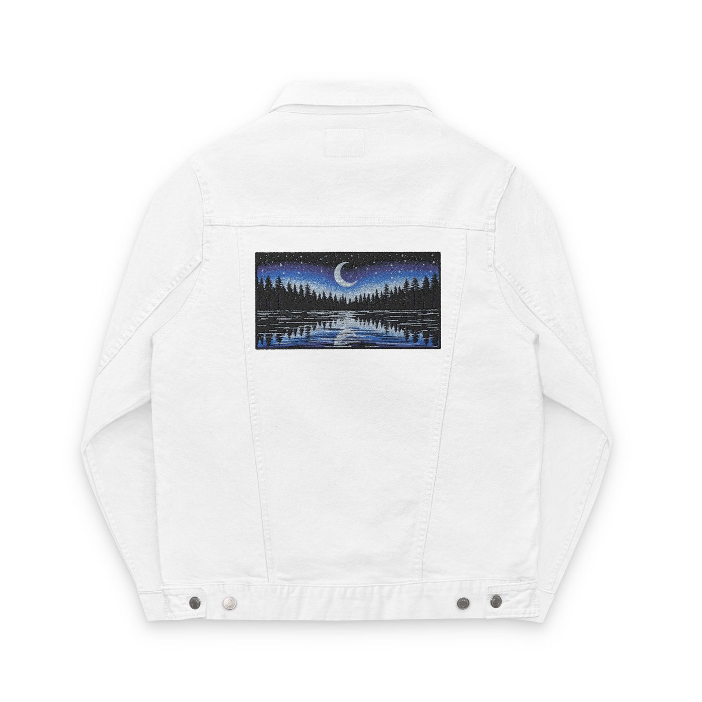 Night Lake Adventure E Denim Jacket - Mystical Moon & Forest Embroidered Patch Jean Jacket