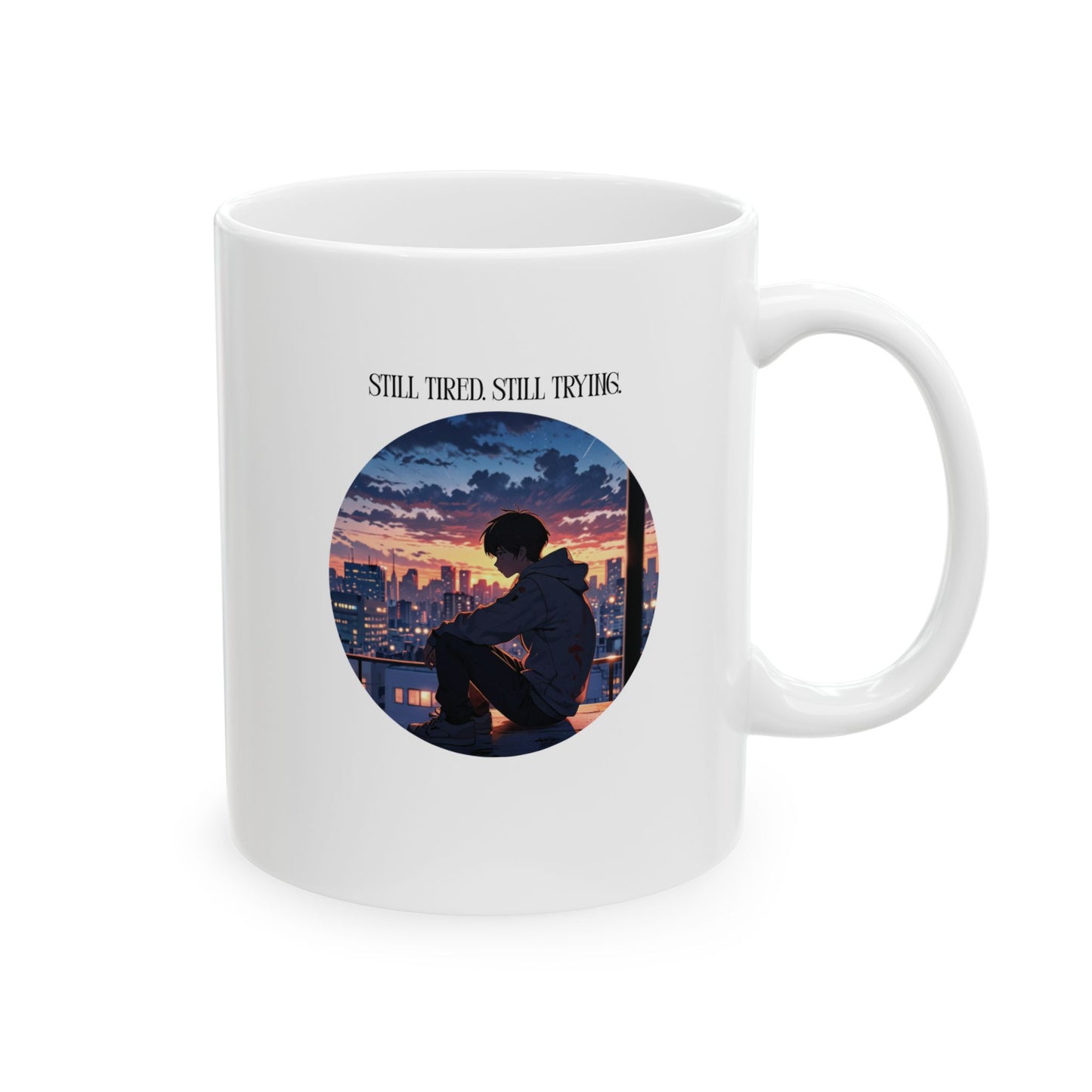 Mug - 'Still tired Still trying' Sleepy Anime Boy at Dawn City Skyline Design
