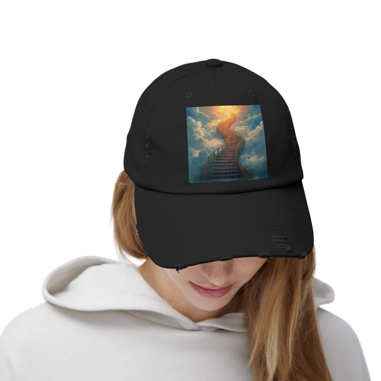 Unisex Distressed Cap with Inspirational Stairs Design